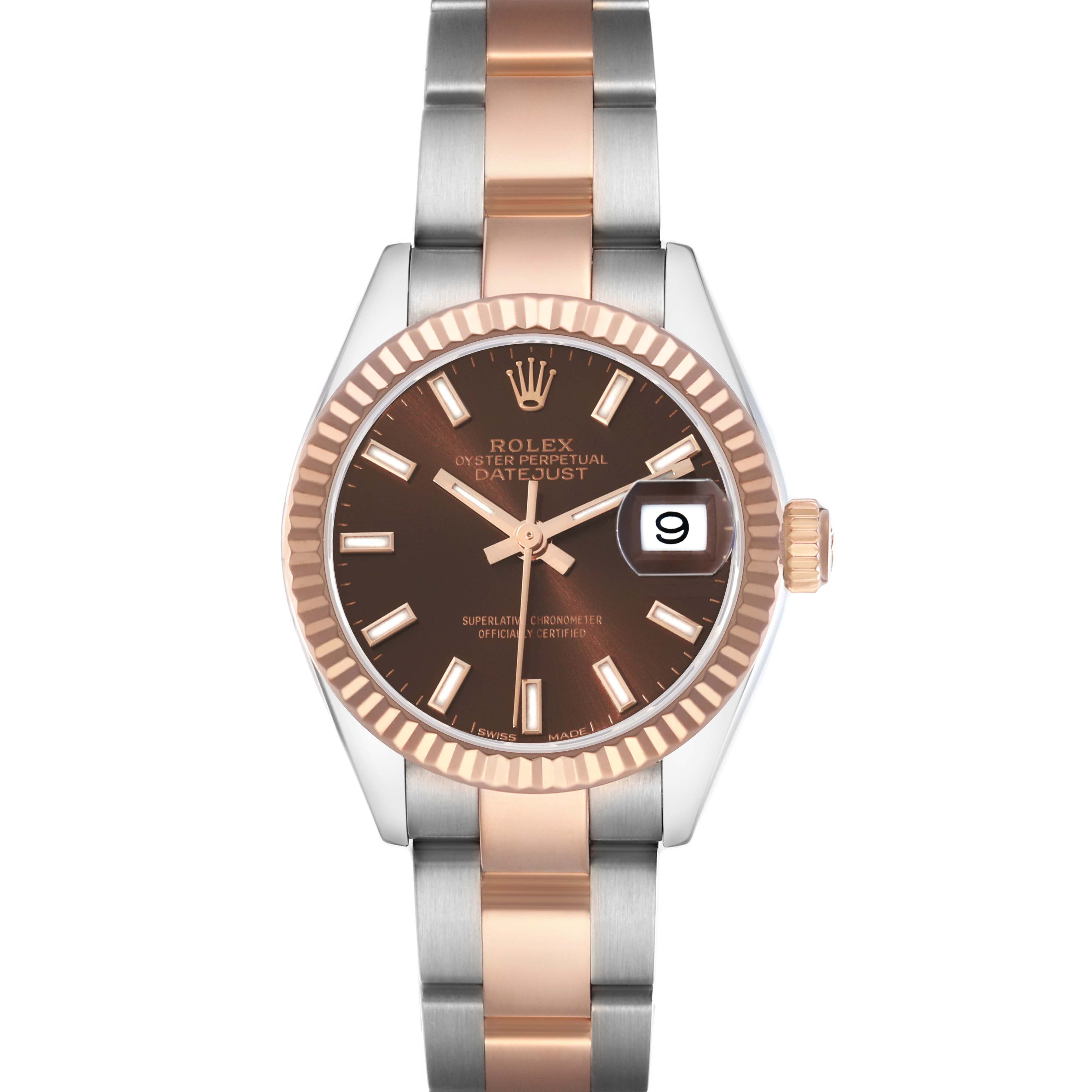 The Rolex Datejust 279171 Women's Steel and Gold (two tone) Brown Dial watch is shown from the front, displaying the dial, bezel, crown, and part of the bracelet.