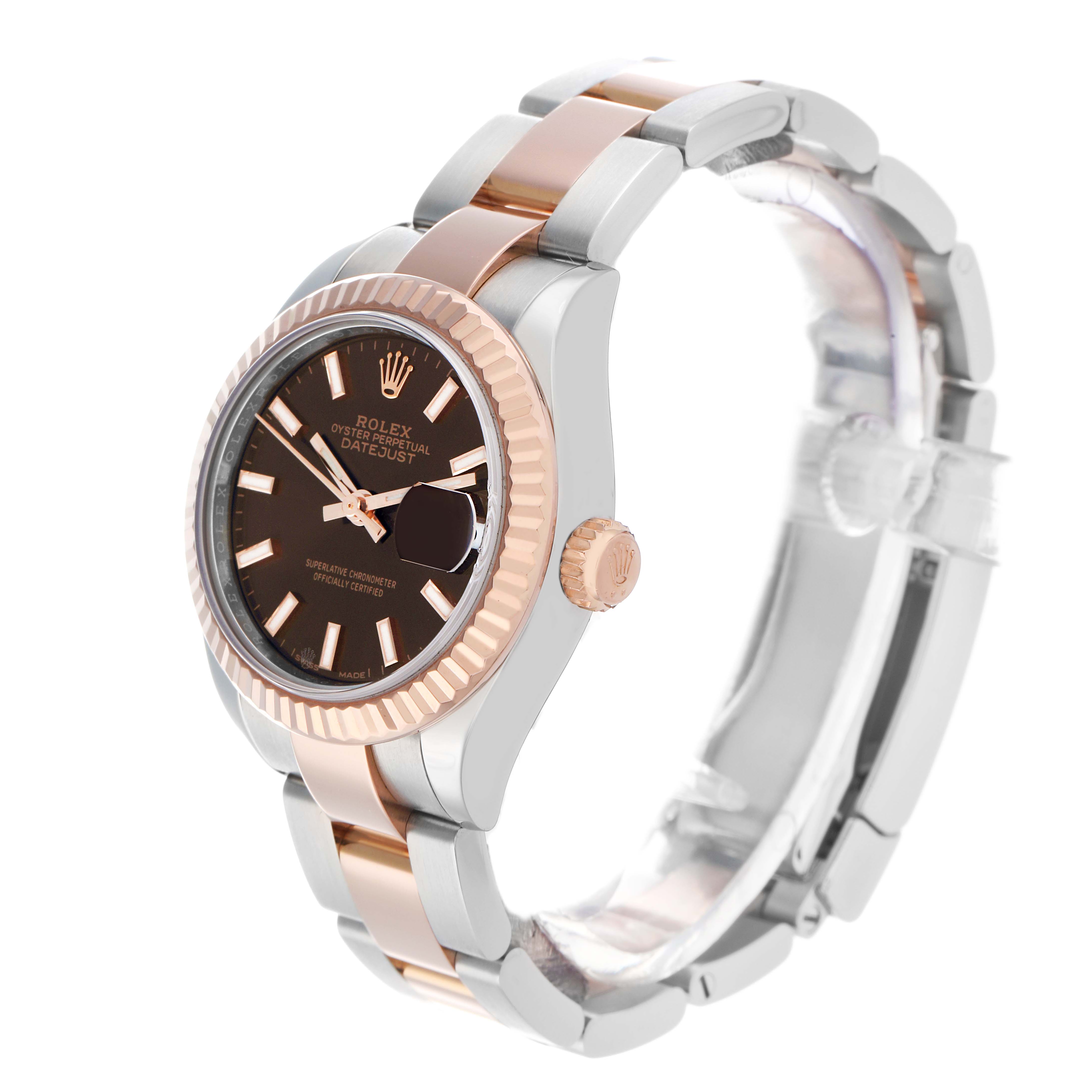 The Rolex Datejust 279171 Women's Steel and Gold (two tone) Brown Dial watch is shown at a three-quarter angle, highlighting the dial, fluted bezel, and two-tone bracelet.