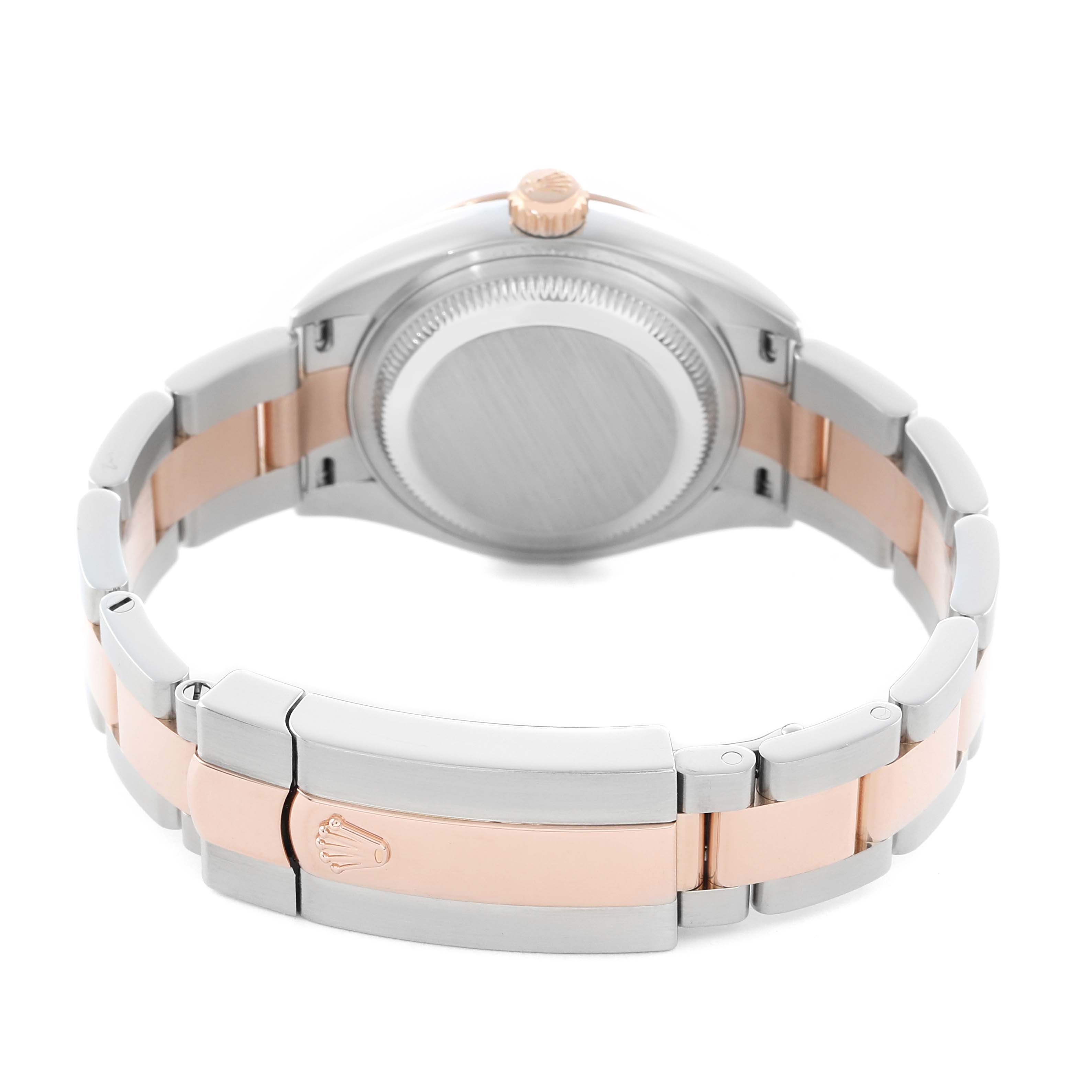 The image shows the back view of a Rolex Datejust 279171 Women's Steel and Gold (two tone) Brown Dial, highlighting the two-tone bracelet and clasp.