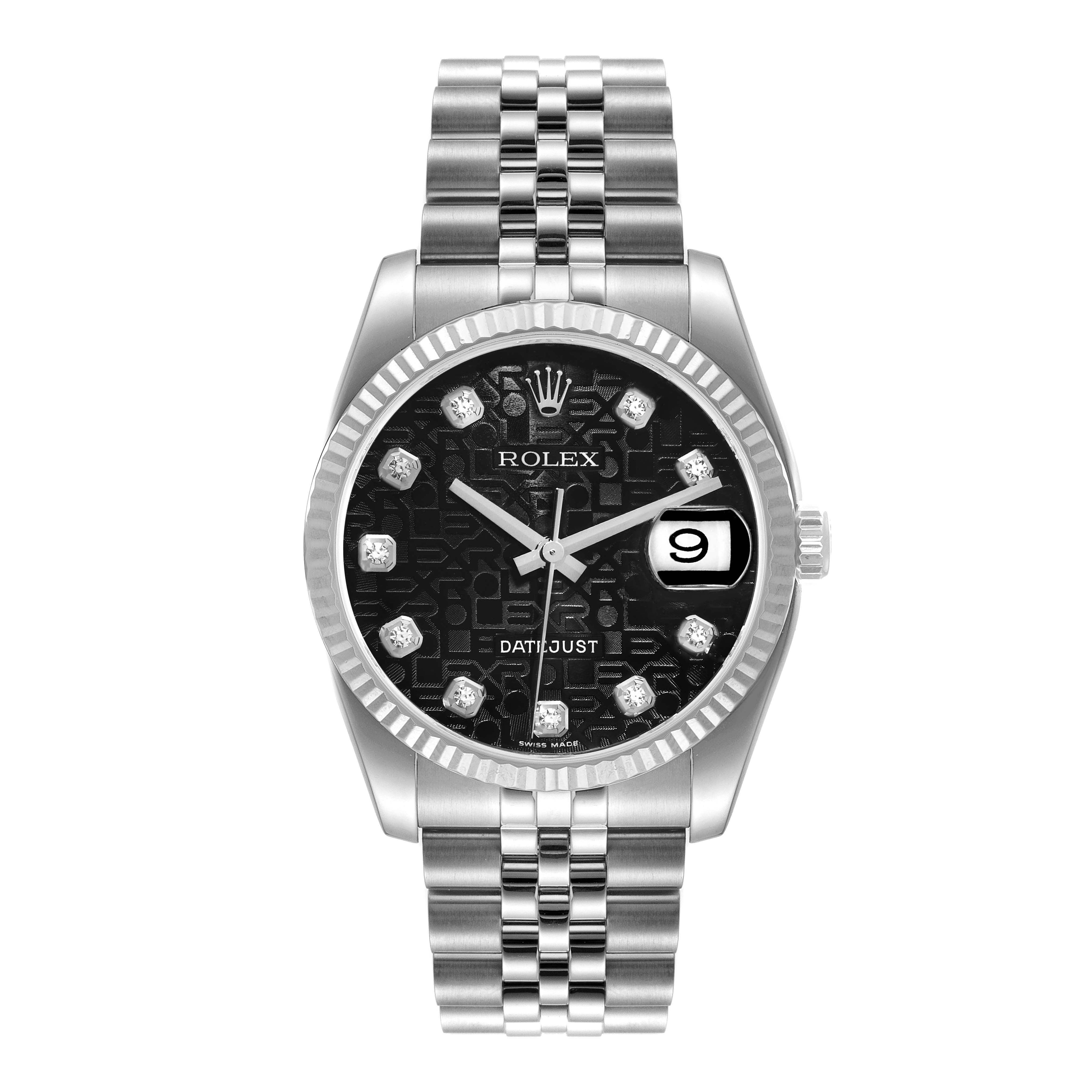 The Rolex Datejust 16234 Men
s Stainless Steel Black Dial watch is shown from a front angle, displaying the dial, bezel, crown, and part of the bracelet.