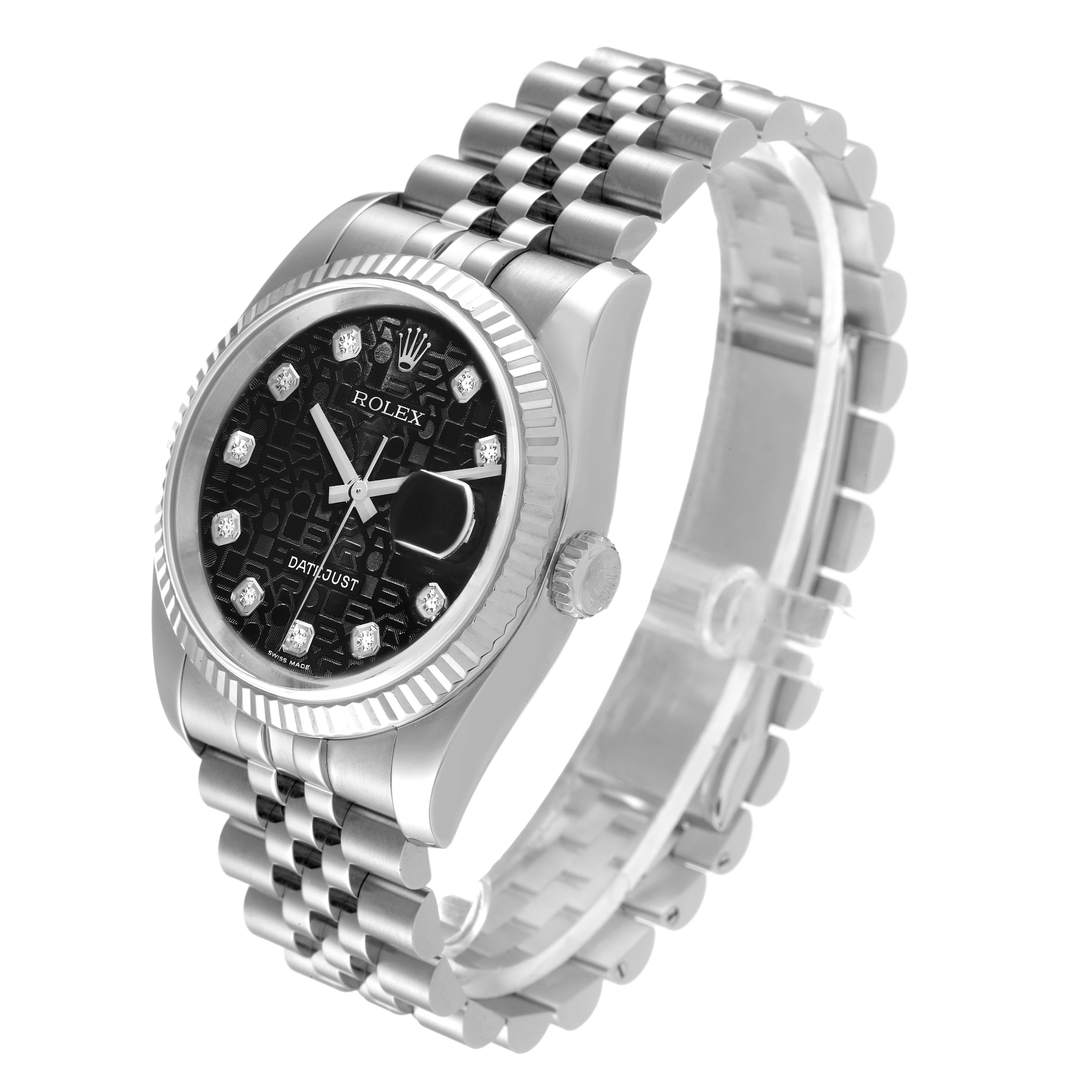 The Rolex Datejust 16234 Men
s Stainless Steel Black Dial watch is shown at a slight angle, displaying the face, bezel, crown, and part of the bracelet.
