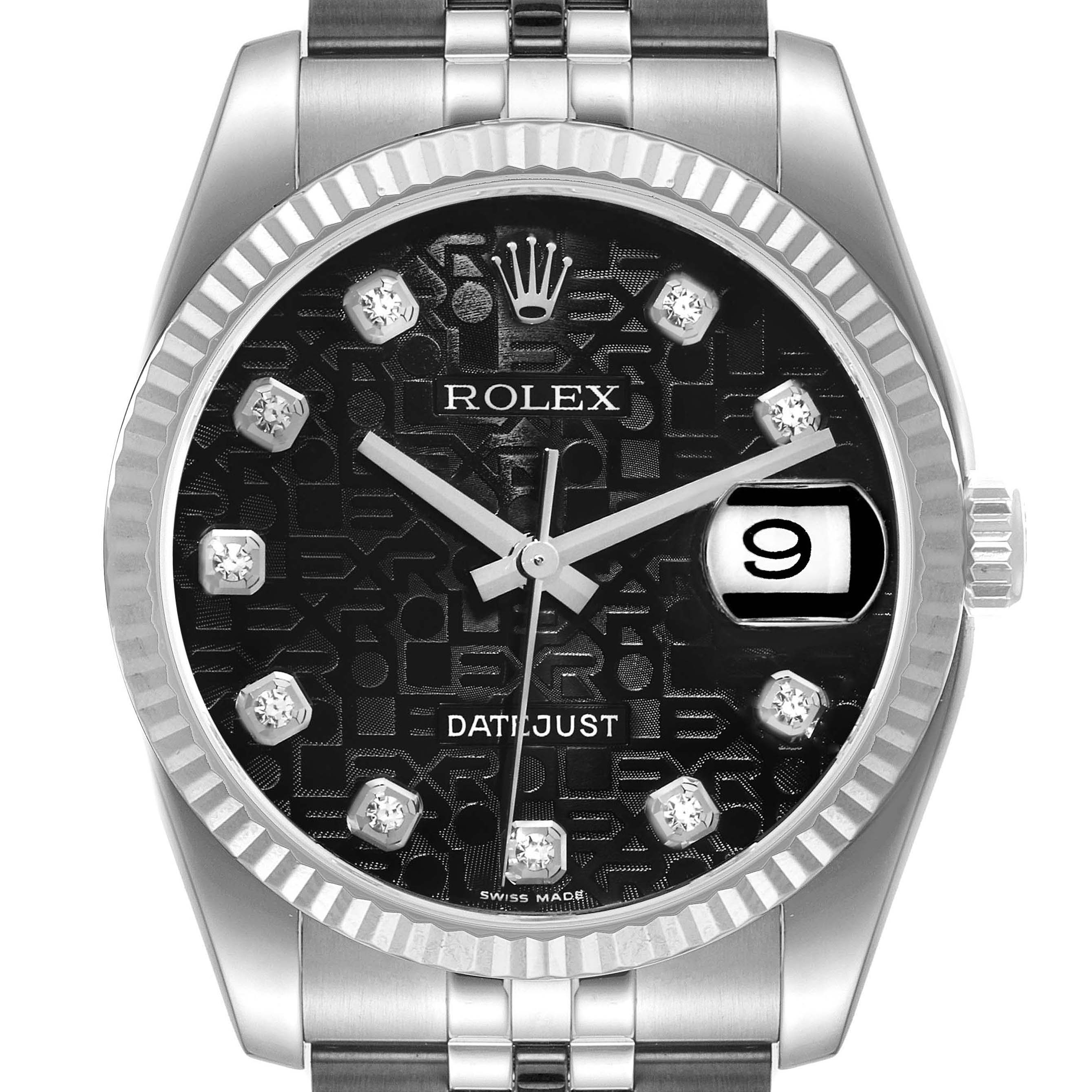 The Rolex Datejust 16234 Men
s Stainless Steel Black Dial watch is shown from the front, highlighting its diamond markers, date, hands, and fluted bezel.