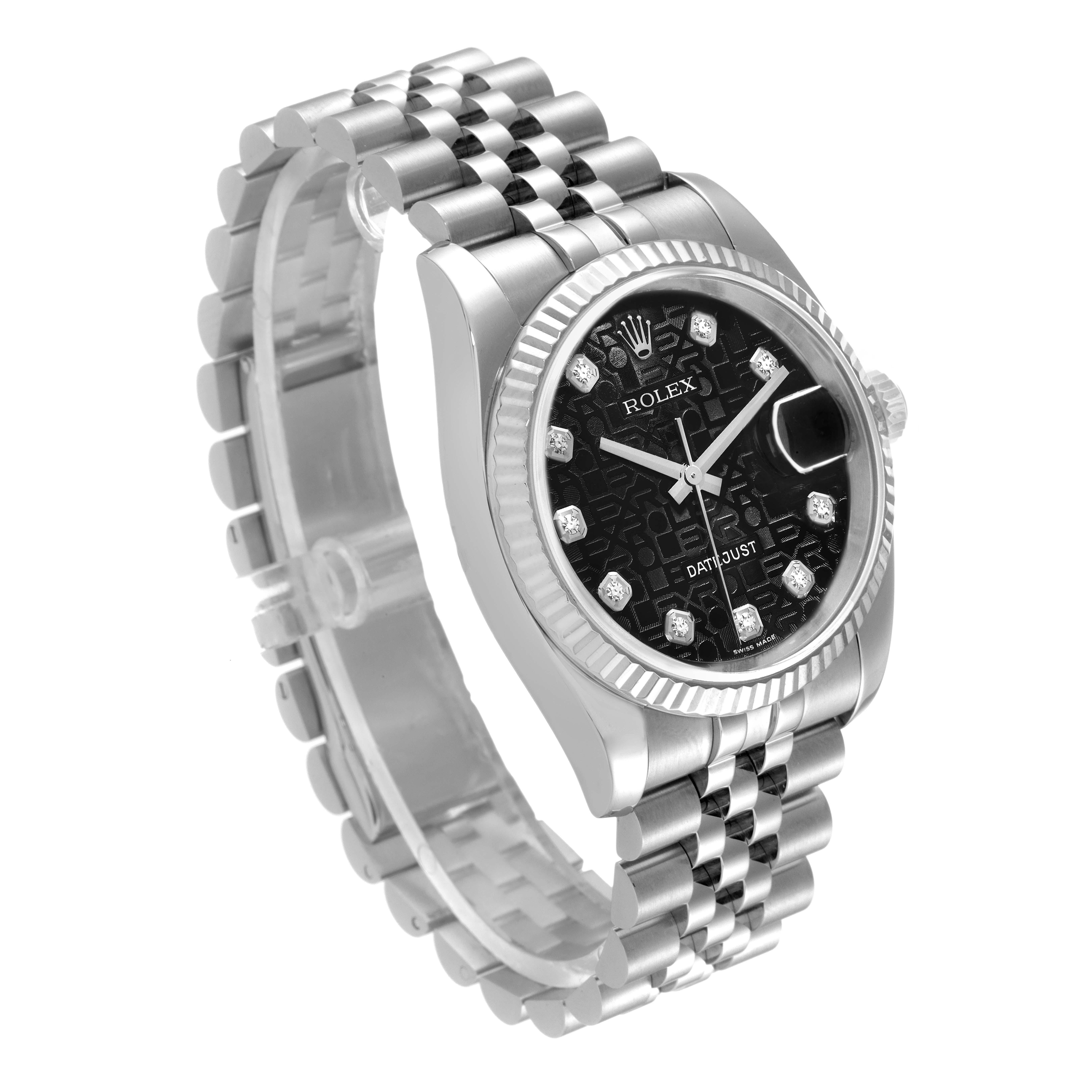 The Rolex Datejust 16234 Men
s Stainless Steel Black Dial watch is shown at a three-quarter angle, highlighting the face, bezel, and bracelet.