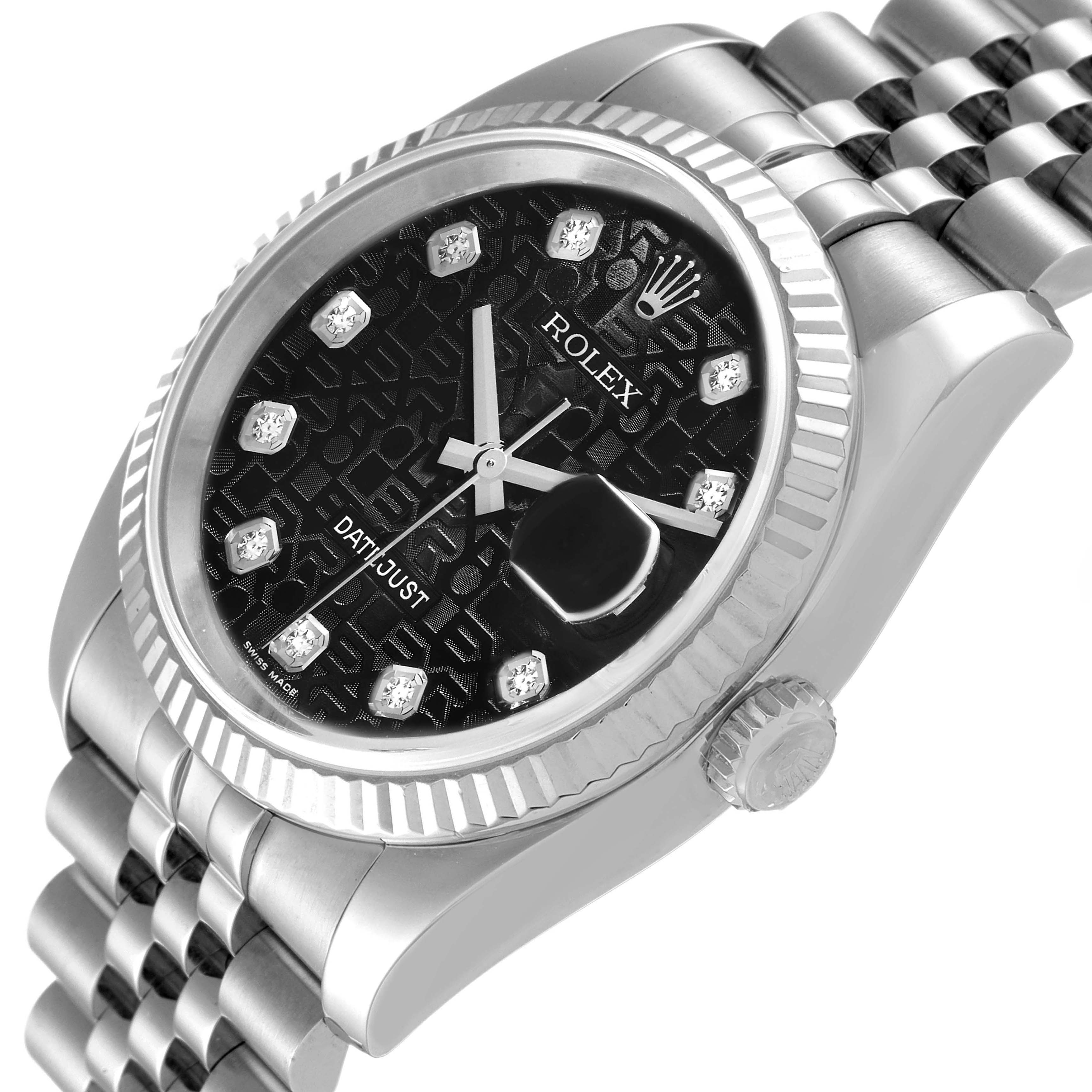 The Rolex Datejust 16234 Men
s Stainless Steel Black Dial watch is shown at an angled view, highlighting the bezel, crown, dial, and part of the bracelet.