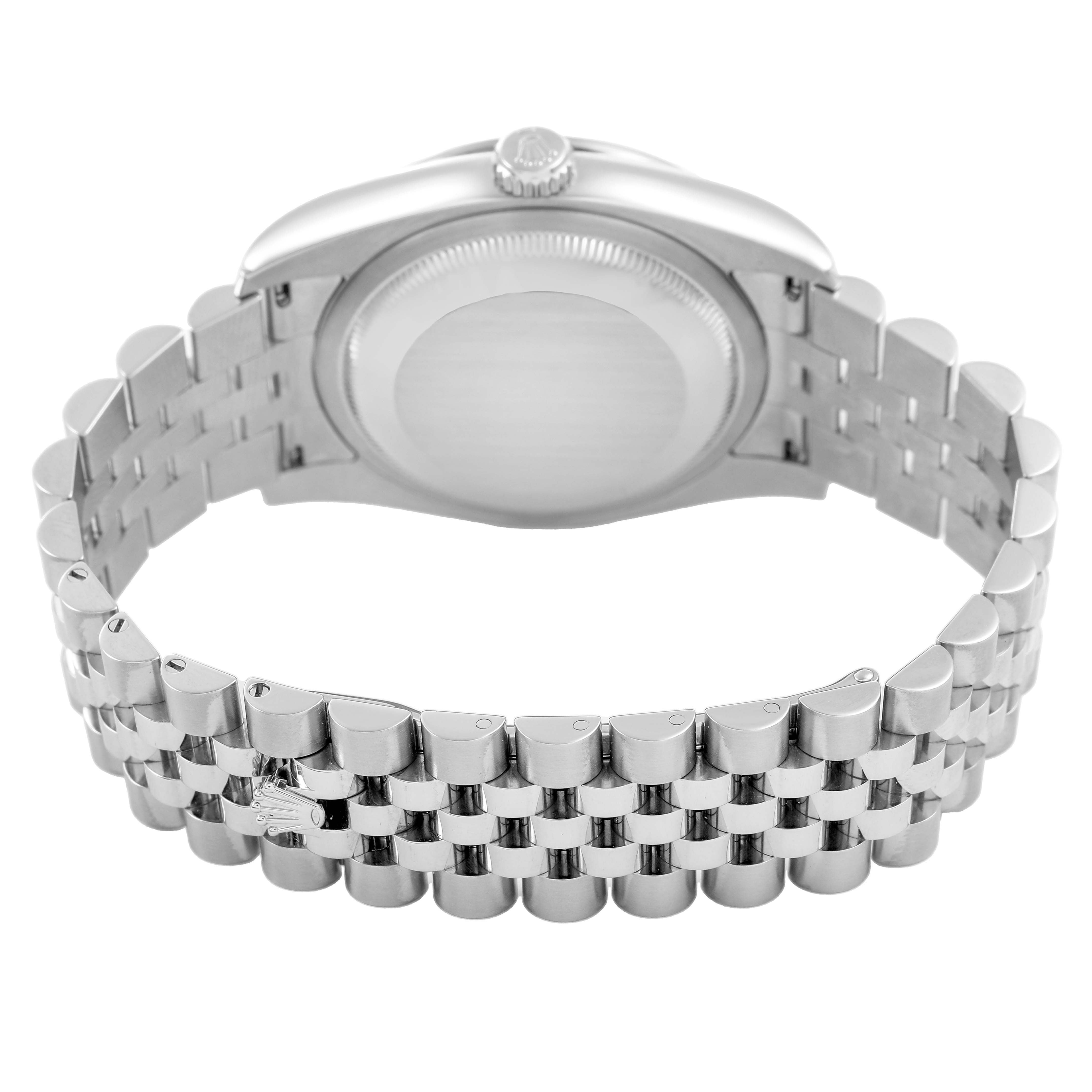 The image shows the case back and bracelet of a Rolex Datejust 116244 Mens Stainless Steel Mother of Pearl Dial watch from a rear view.
