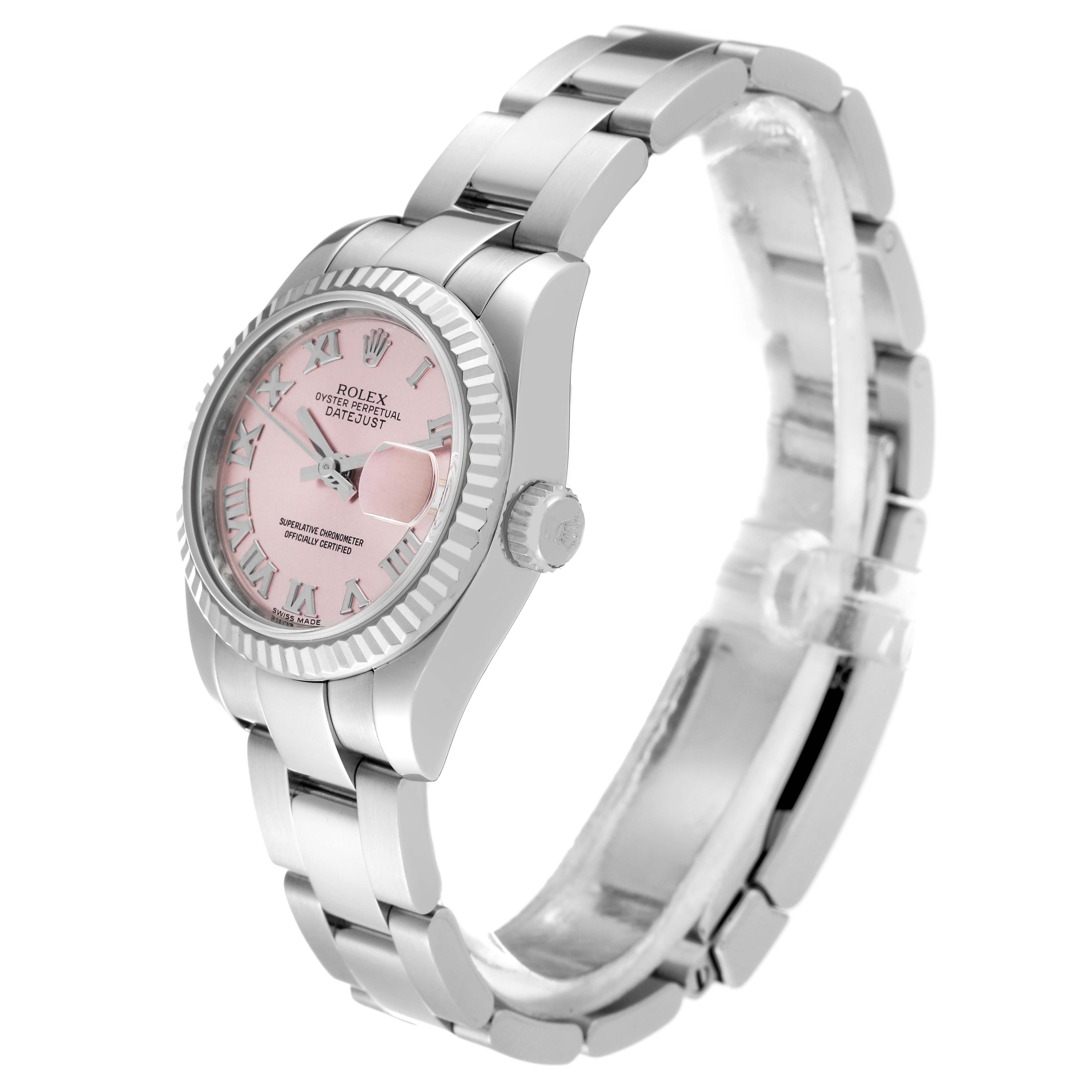 The watch displays a side angle of the Rolex Datejust 179174 Women's Stainless Steel Pink Dial 179174 Women's Stainless Steel Pink Dial, showing the face, bezel, and part of the bracelet.