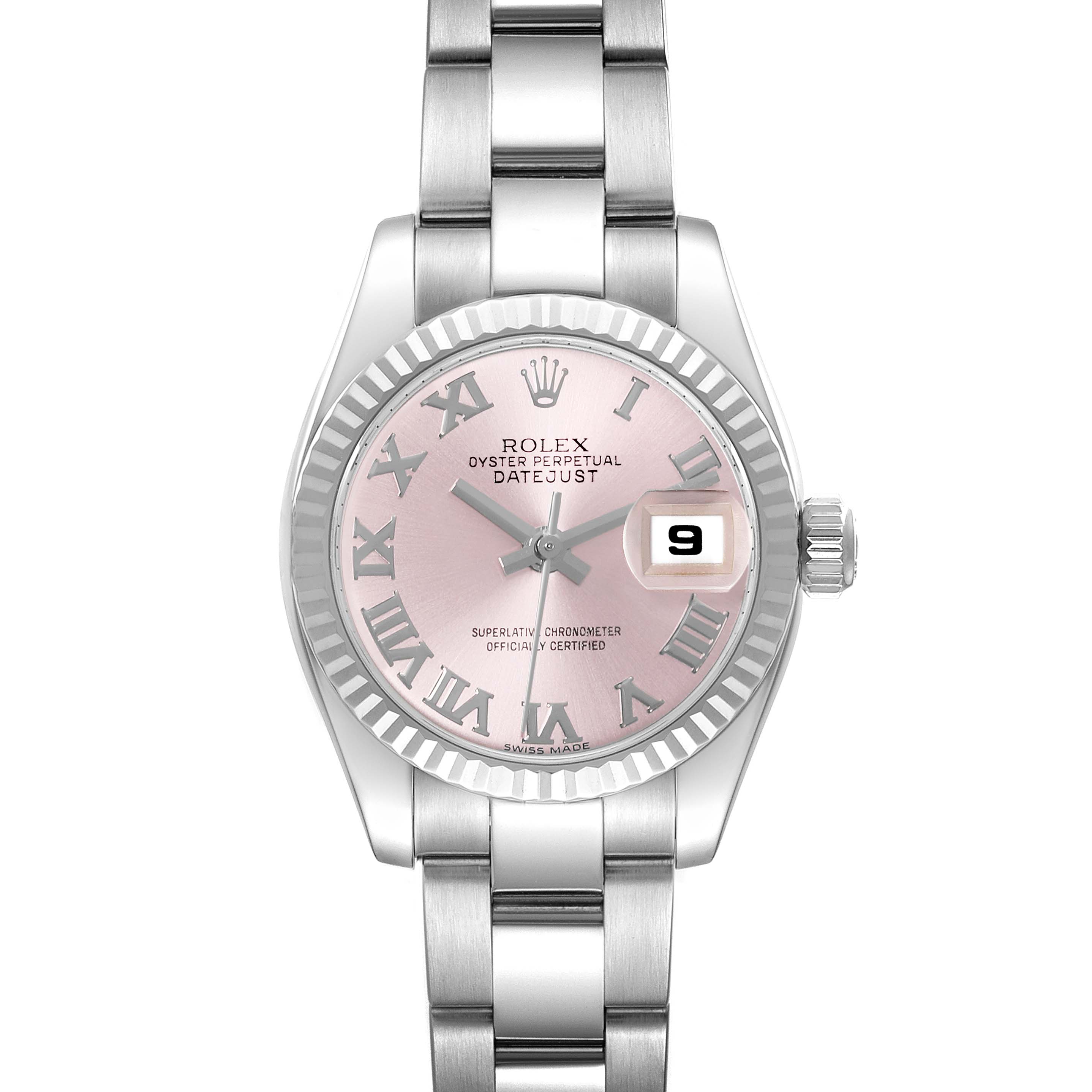 The image shows a front view of the Rolex Datejust 179174 Women's Stainless Steel Pink Dial 179174 Women's Stainless Steel Pink Dial watch, highlighting its dial, bezel, bracelet, and date window.