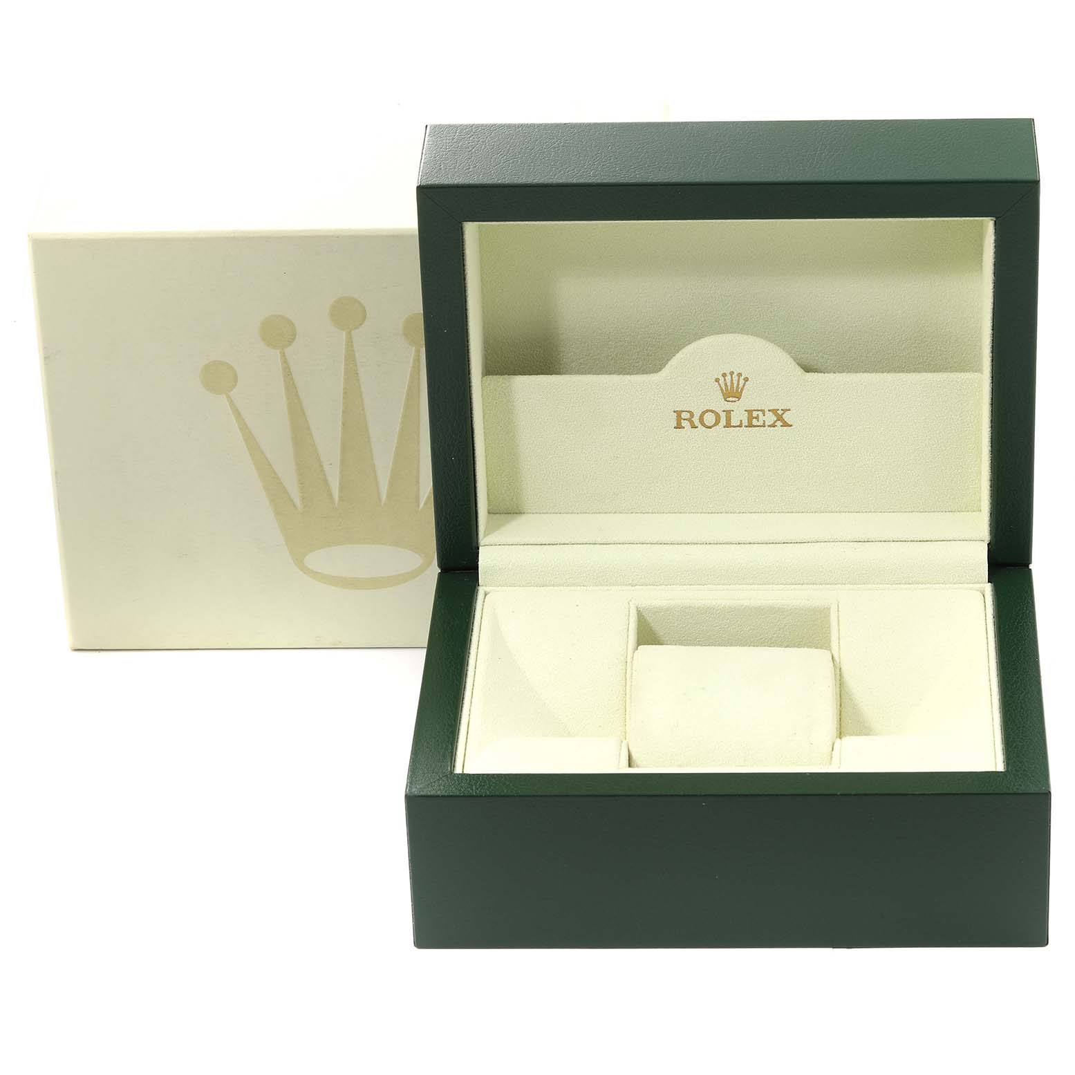 The image shows a green Rolex Datejust 179174 Women's Stainless Steel Pink Dial 179174 Women's Stainless Steel Pink Dial box open, revealing the interior cushion and compartments, with the lid displaying the logo.