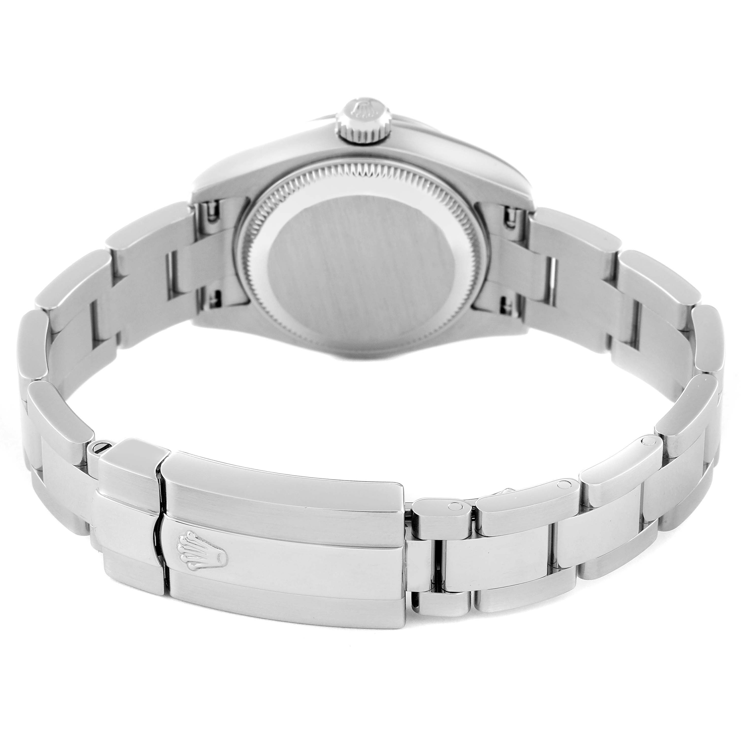 The image shows the back view of a Rolex Datejust 179174 Women's Stainless Steel Pink Dial 179174 Women's Stainless Steel Pink Dial watch, highlighting the clasp and bracelet links.