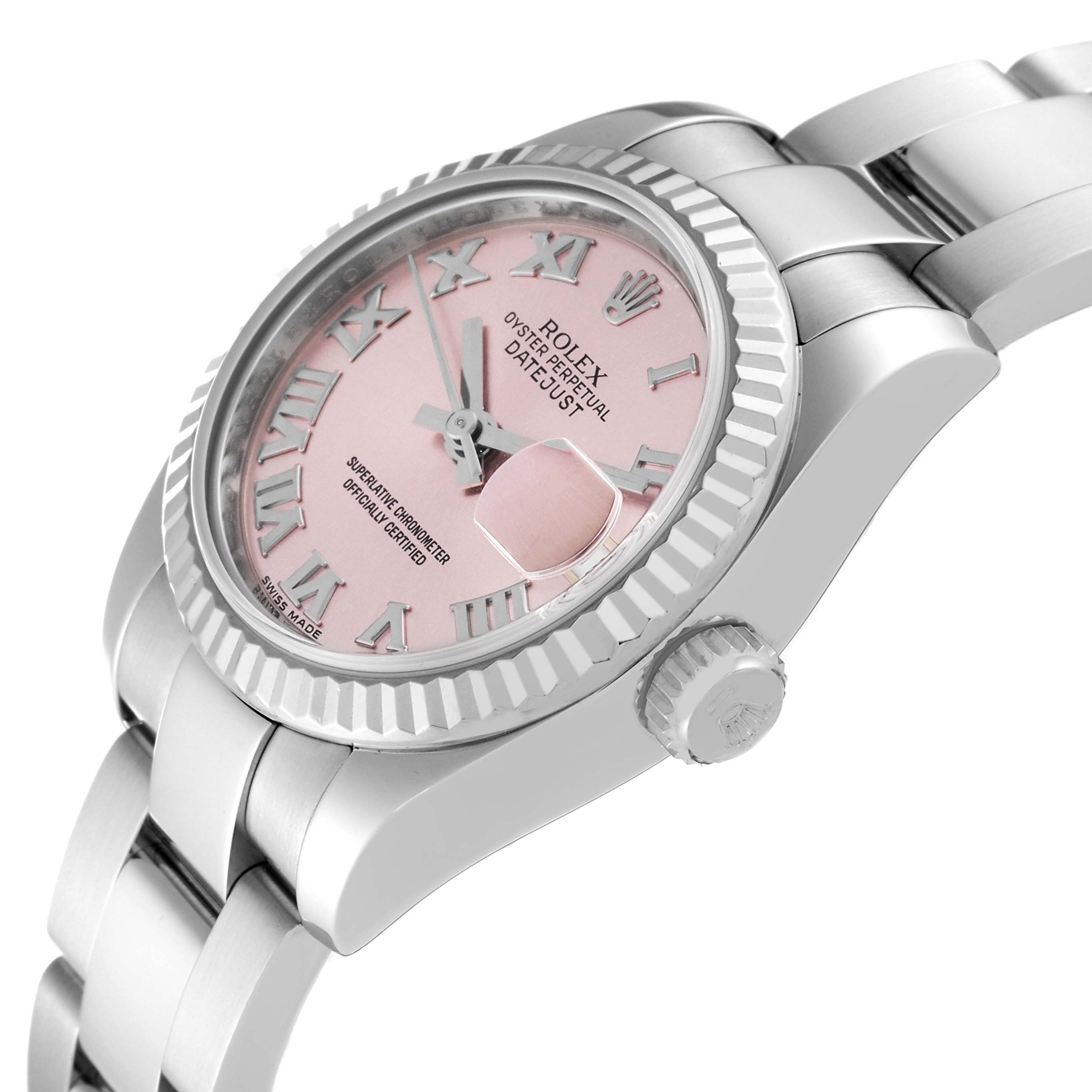 The Rolex Datejust 179174 Women's Stainless Steel Pink Dial 179174 Women's Stainless Steel Pink Dial watch is shown at a side angle, displaying the bezel, crown, and part of the bracelet.