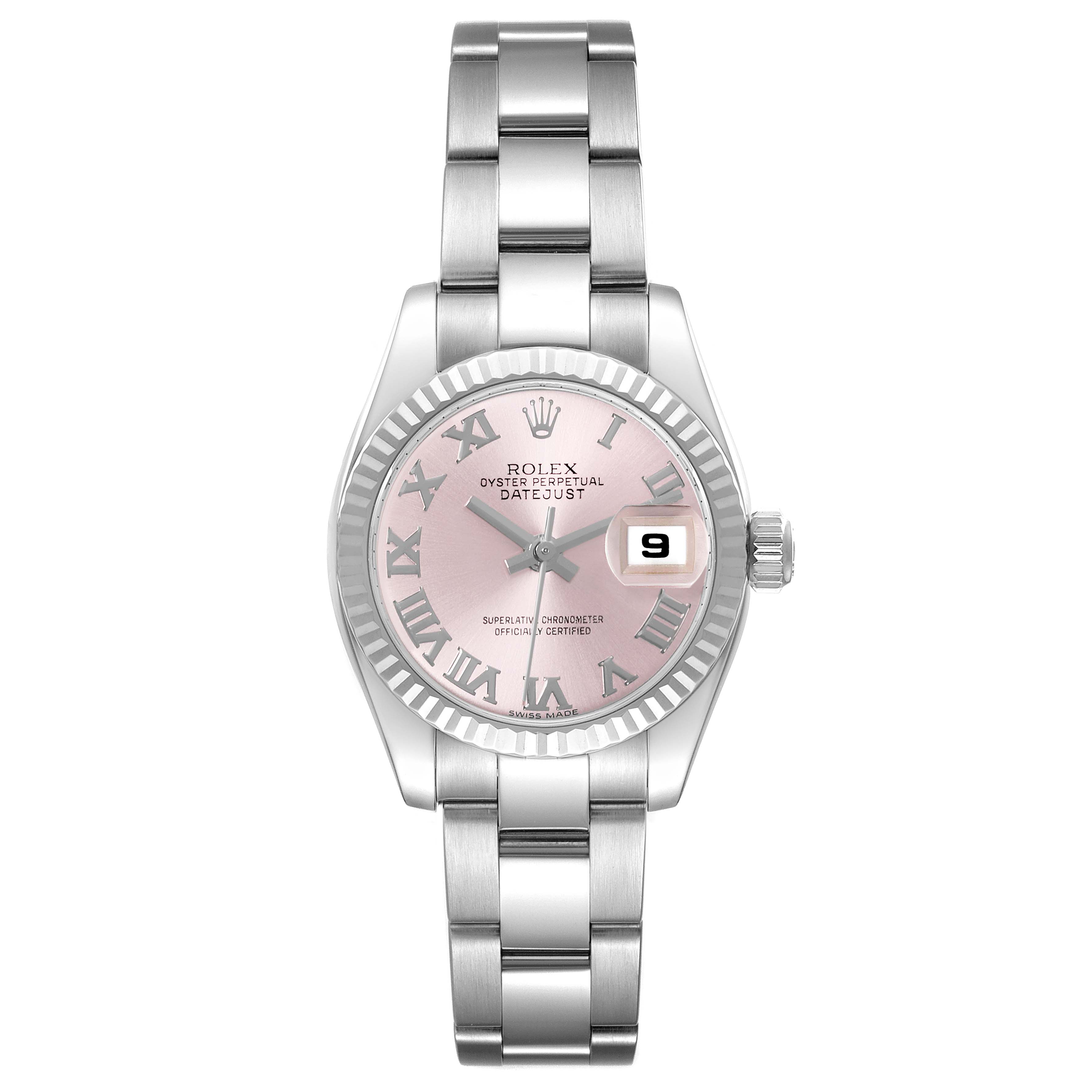 This Rolex Datejust 179174 Women's Stainless Steel Pink Dial 179174 Women's Stainless Steel Pink Dial model watch is shown from a top-down angle, displaying the bracelet, dial, hands, and date window.