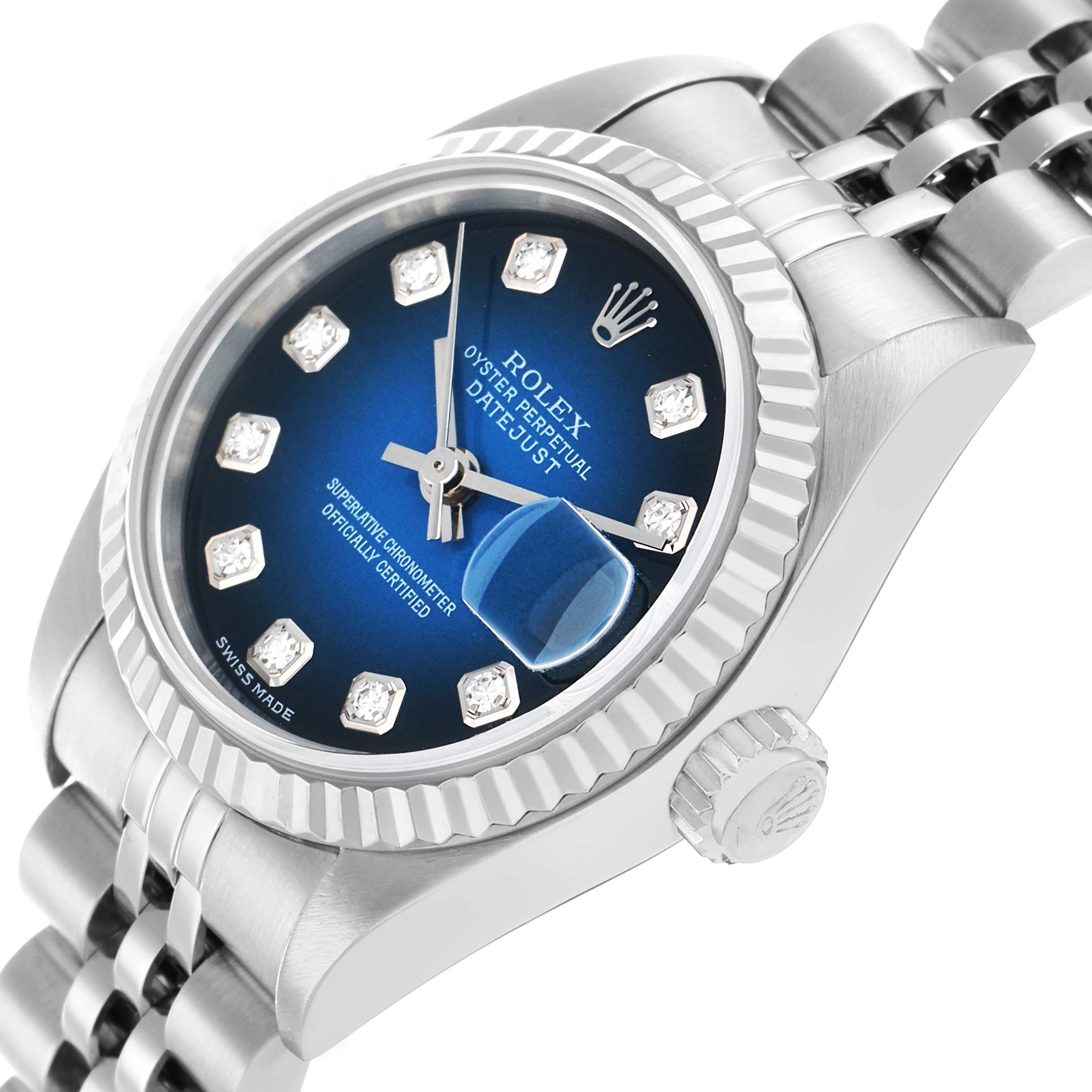 The Rolex Datejust 79174 Women's Stainless Steel Blue Dial is shown at an angled side view, highlighting the dial, bezel, crown, and a portion of the bracelet.