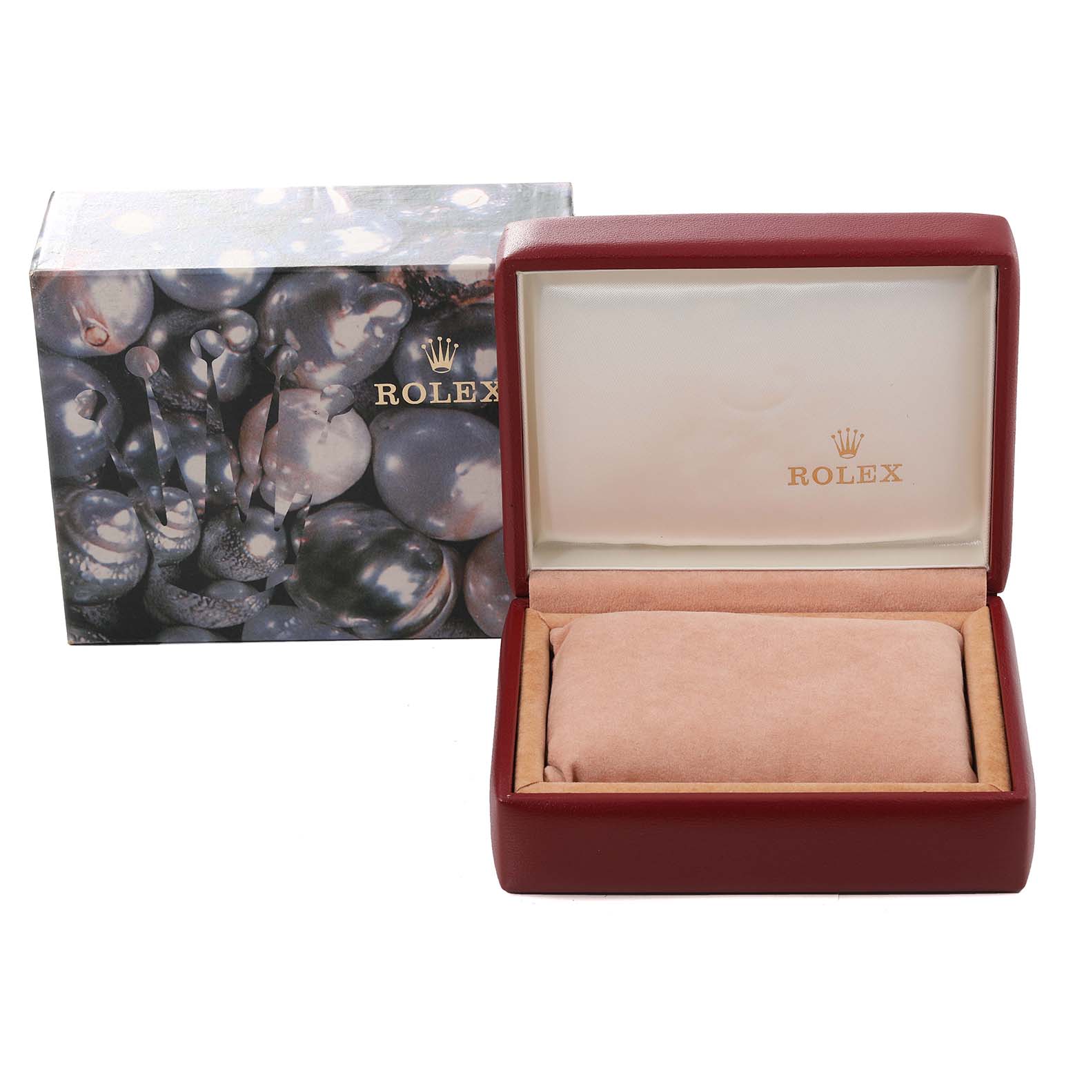 This image shows an open leather Rolex Datejust 69173 Women's Steel and Gold (two tone) Black Dial 69173 Women's Steel and Gold (two tone) Black Dial watch box and its outer packaging.