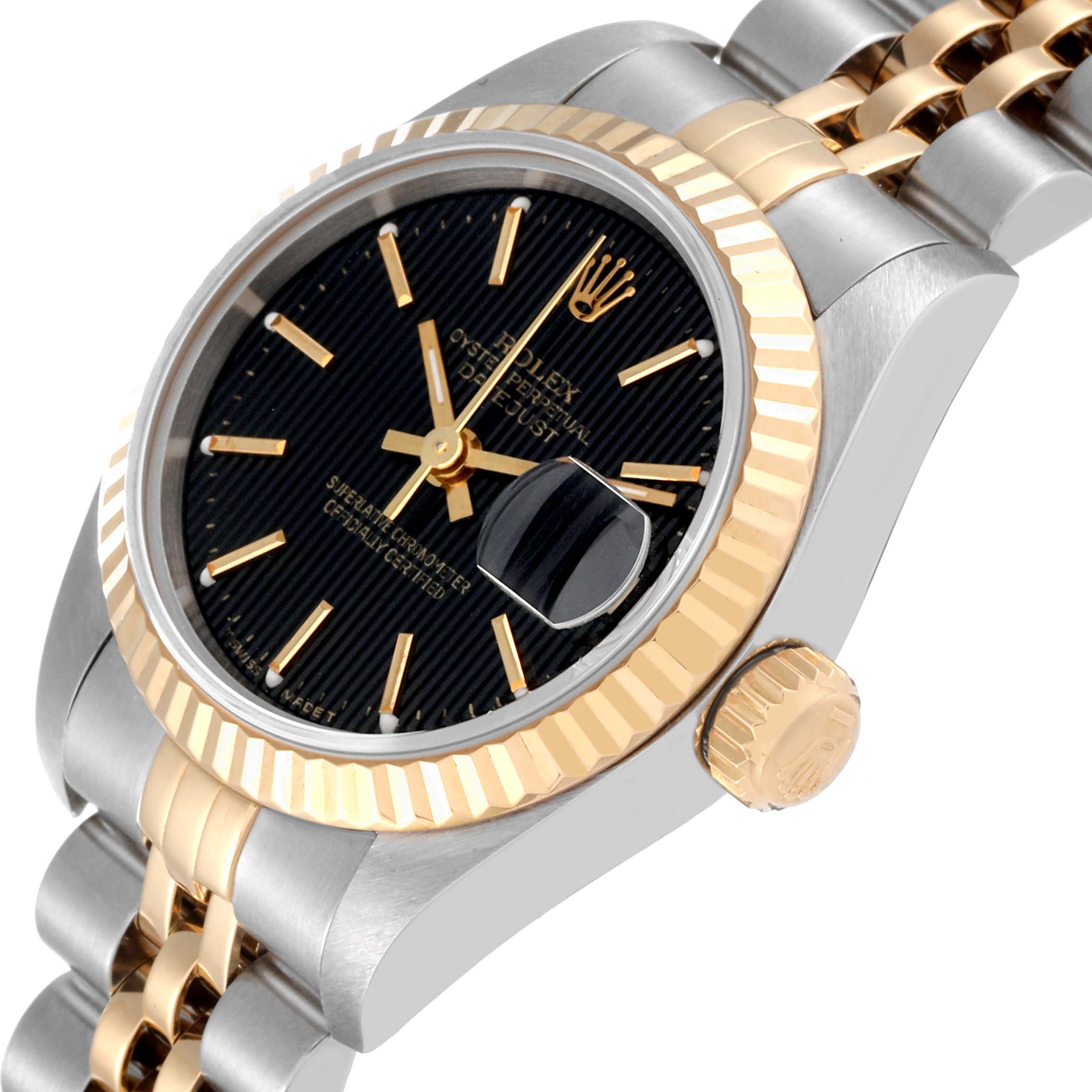The image shows a close-up angle of a Rolex Datejust 69173 Women's Steel and Gold (two tone) Black Dial 69173 Women's Steel and Gold (two tone) Black Dial watch highlighting its dial, bezel, crown, and part of its bracelet.