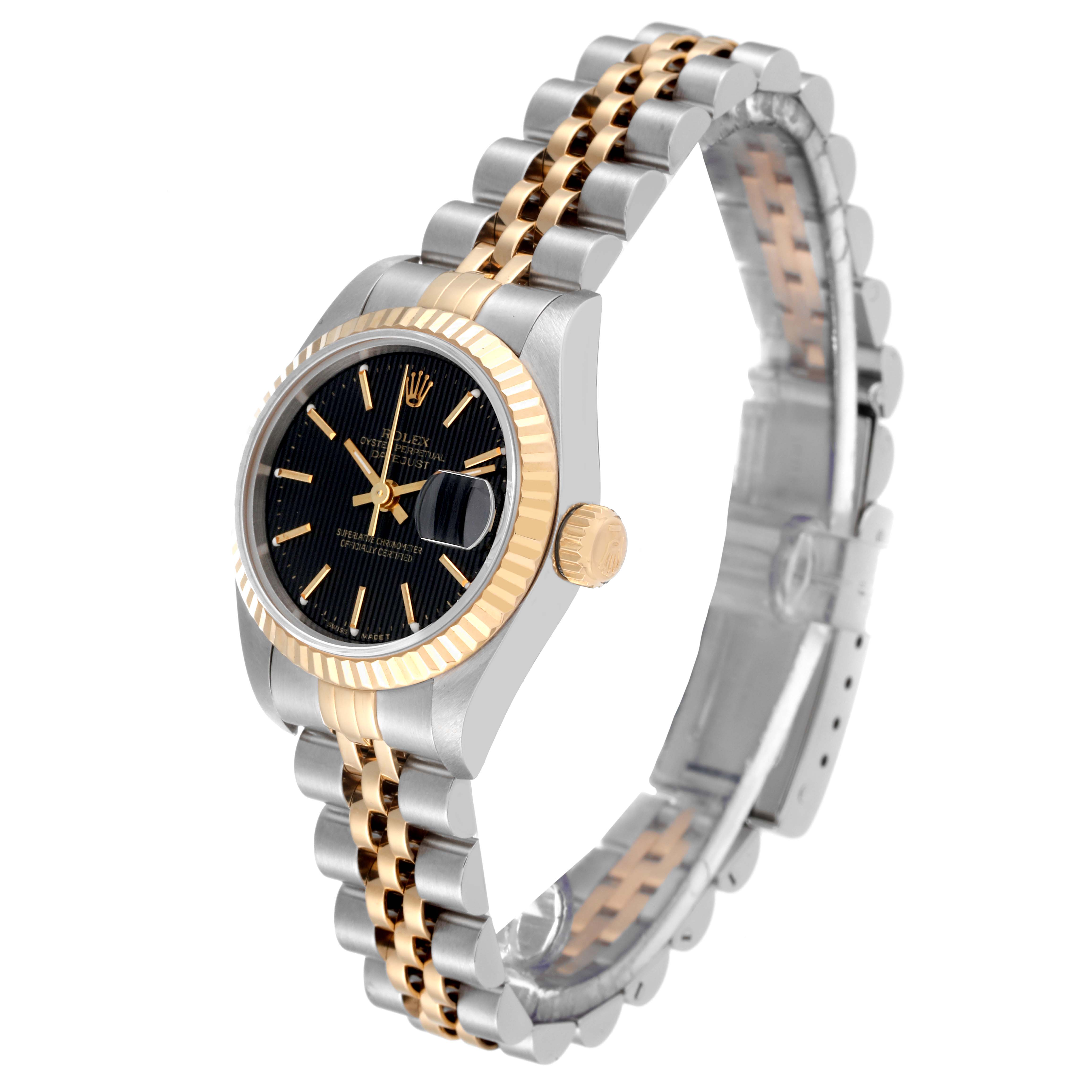 The image shows a side-angle view of a Rolex Datejust 69173 Women's Steel and Gold (two tone) Black Dial 69173 Women's Steel and Gold (two tone) Black Dial watch, highlighting the bezel, dial, and two-tone bracelet.