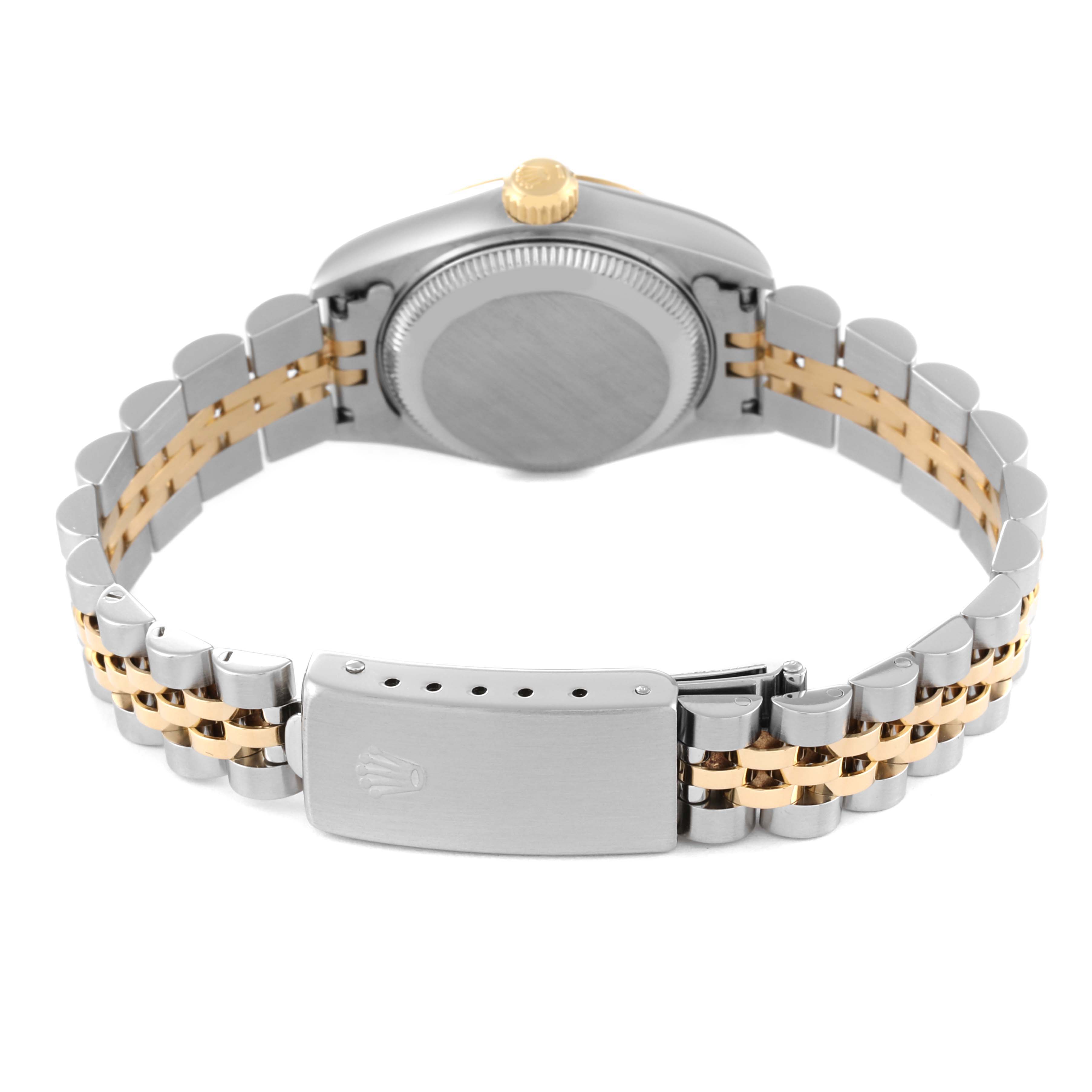 This image shows the back view of the Rolex Datejust 69173 Women's Steel and Gold (two tone) Black Dial 69173 Women's Steel and Gold (two tone) Black Dial watch, featuring its case back and two-tone bracelet with the clasp.