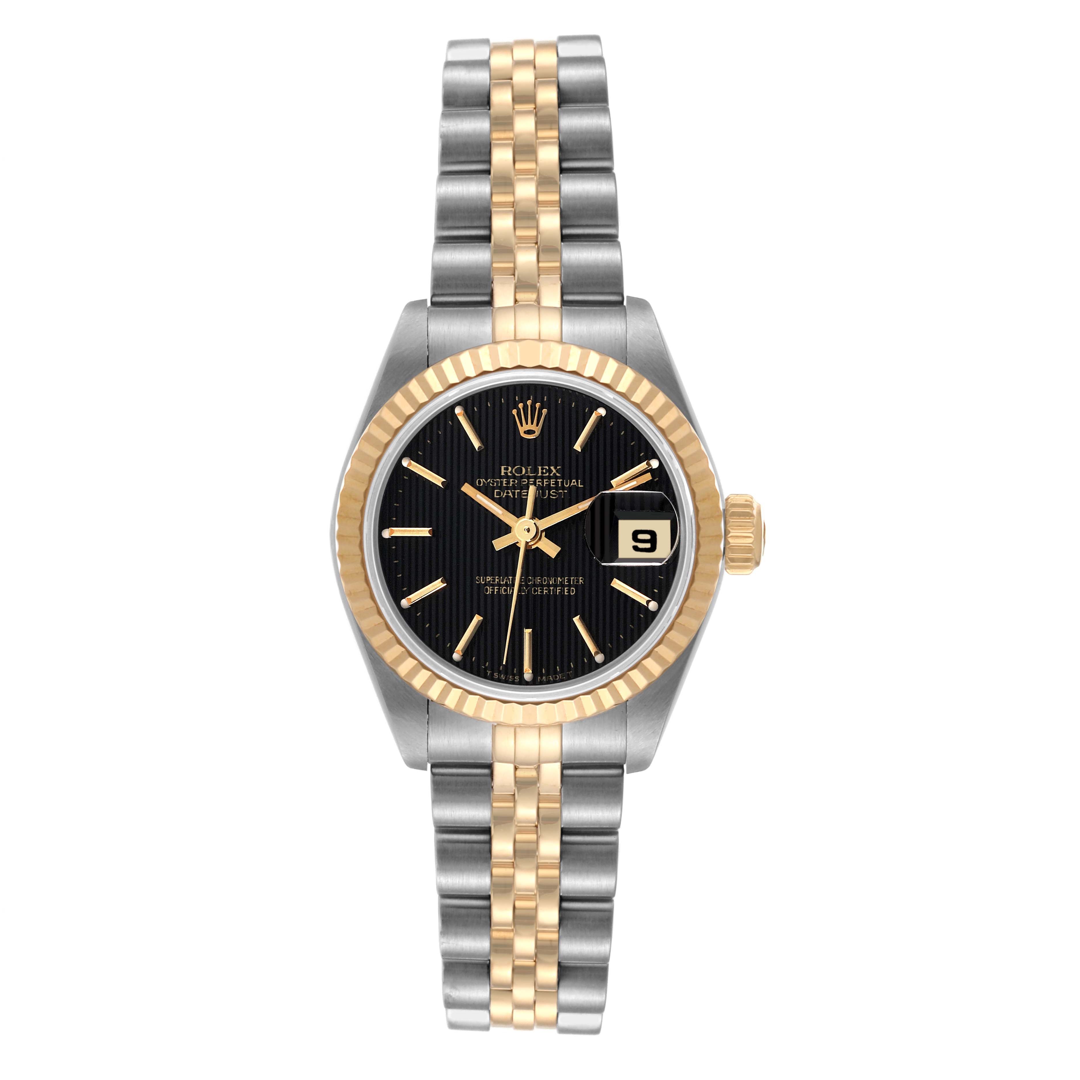 The image shows a front view of a Rolex Datejust 69173 Women's Steel and Gold (two tone) Black Dial 69173 Women's Steel and Gold (two tone) Black Dial watch featuring a two-tone bracelet, a black dial, and a fluted bezel with a date display.