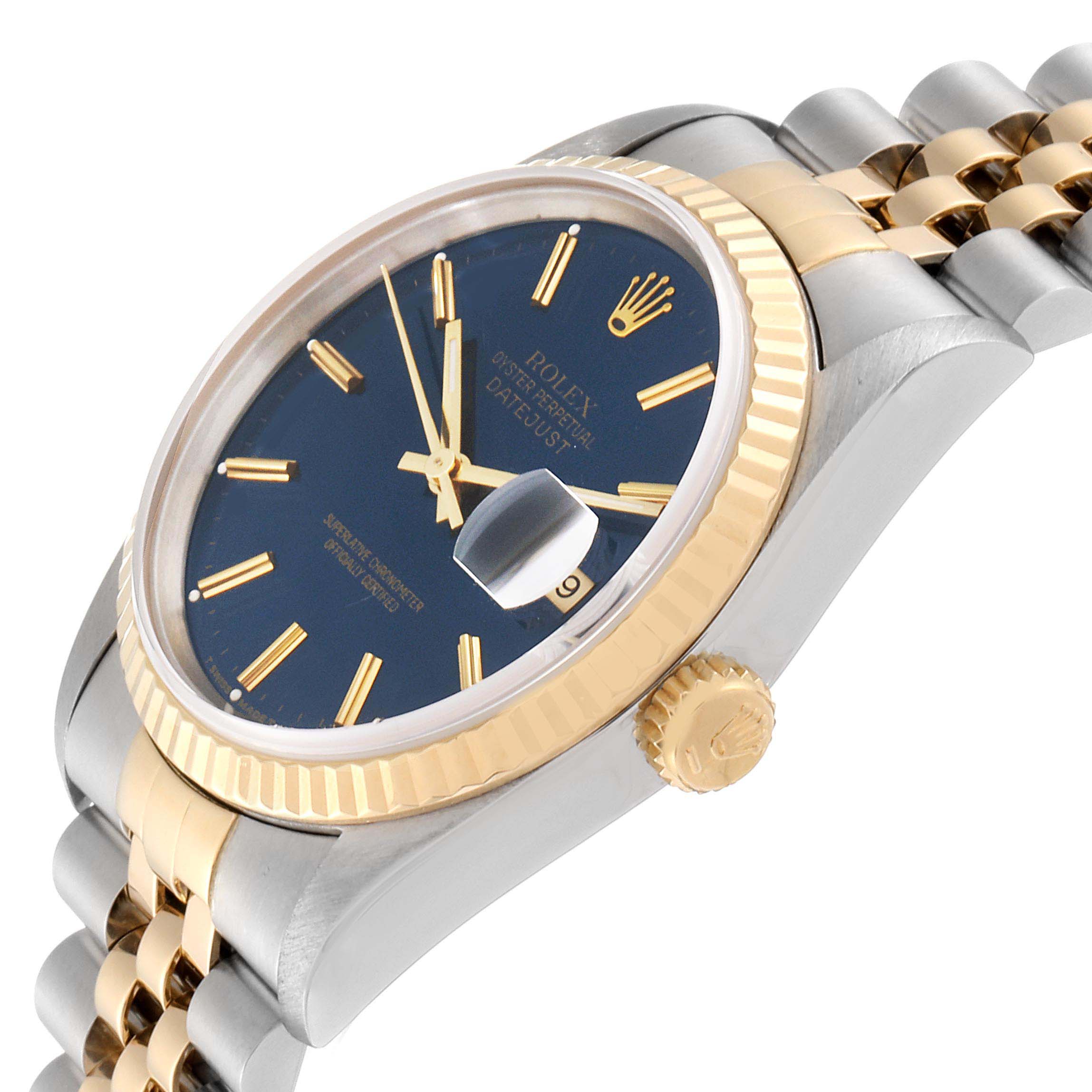 The image shows a side view of the Rolex Datejust 16233 Men's Steel and Gold (two tone) Blue Dial 16233 Men's Steel and Gold (two tone) Blue Dial watch, highlighting the dial, bezel, crown, and bracelet.