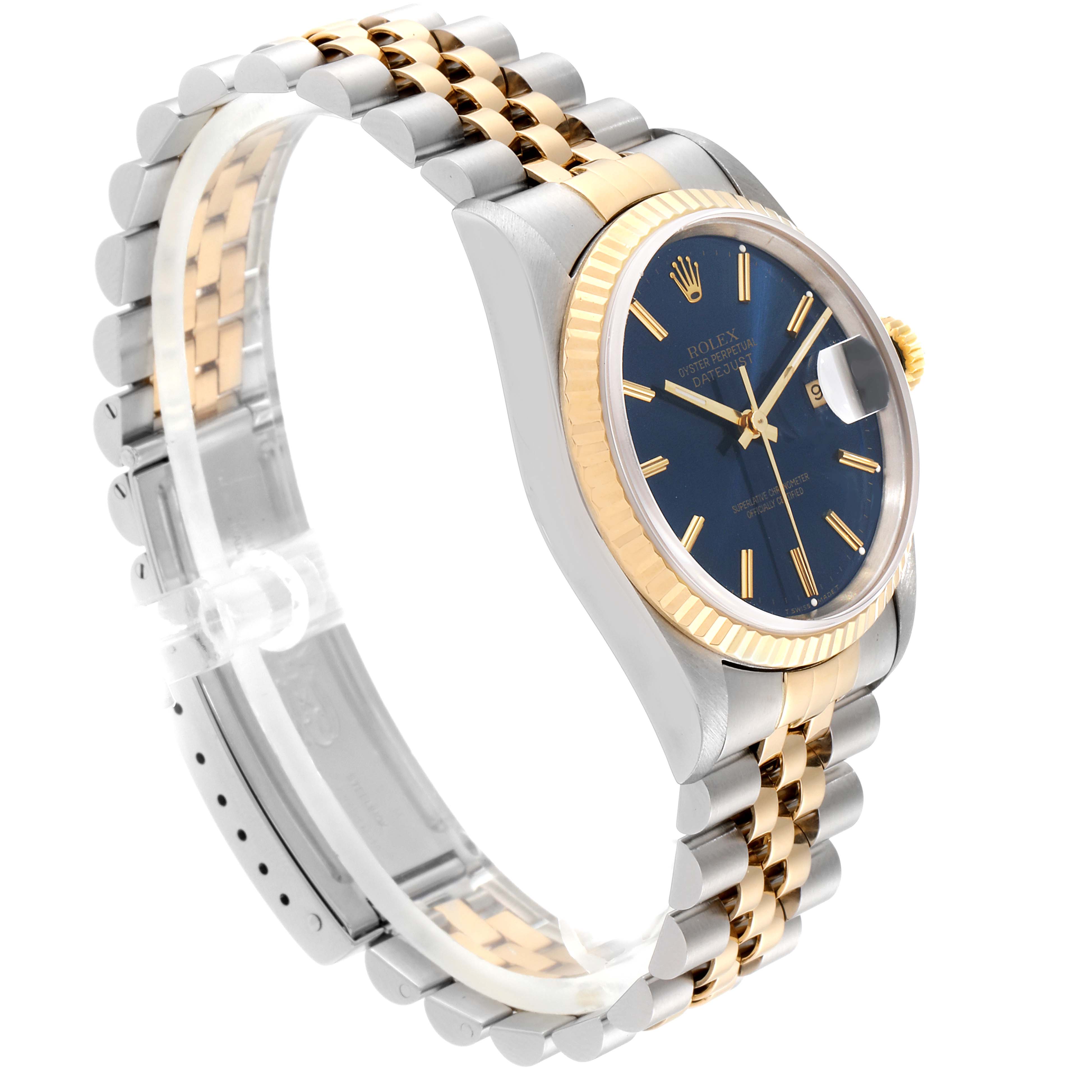 The image shows a Rolex Datejust 16233 Men's Steel and Gold (two tone) Blue Dial 16233 Men's Steel and Gold (two tone) Blue Dial watch from an angled side view, highlighting the dial, bezel, and two-tone bracelet.