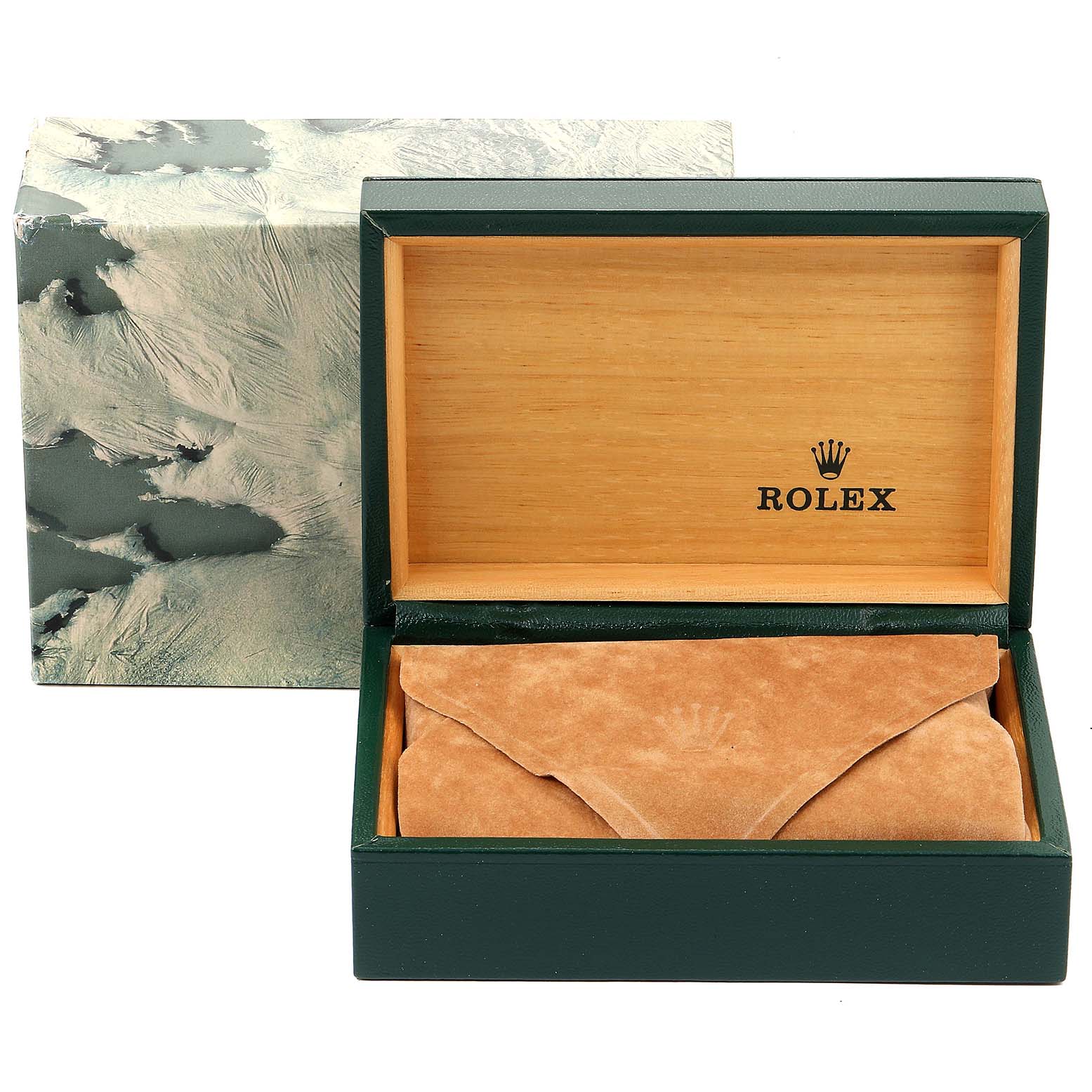 The image shows a Rolex Datejust 16233 Men's Steel and Gold (two tone) Blue Dial 16233 Men's Steel and Gold (two tone) Blue Dial watch box and suede pouch, both open to reveal the interior branding.