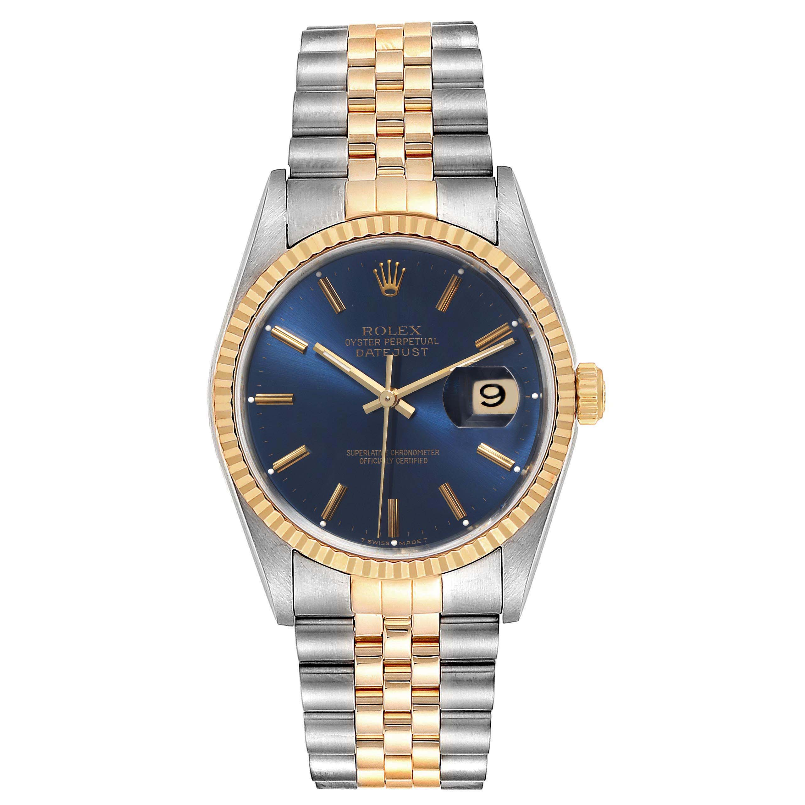 The image shows a frontal view of a Rolex Datejust 16233 Men's Steel and Gold (two tone) Blue Dial 16233 Men's Steel and Gold (two tone) Blue Dial watch, highlighting its dial, bezel, and bracelet.
