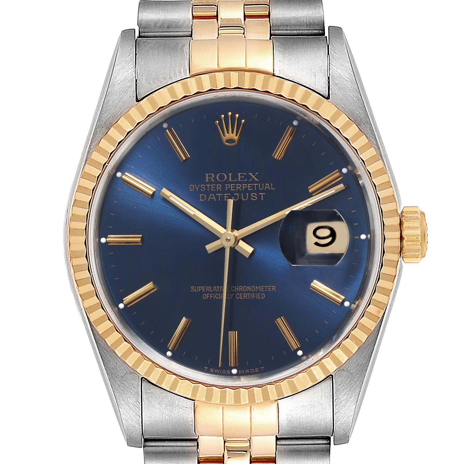 This Rolex Datejust 16233 Men's Steel and Gold (two tone) Blue Dial 16233 Men's Steel and Gold (two tone) Blue Dial watch is shown from a front angle, highlighting its blue dial, two-tone bracelet, and date magnifier.