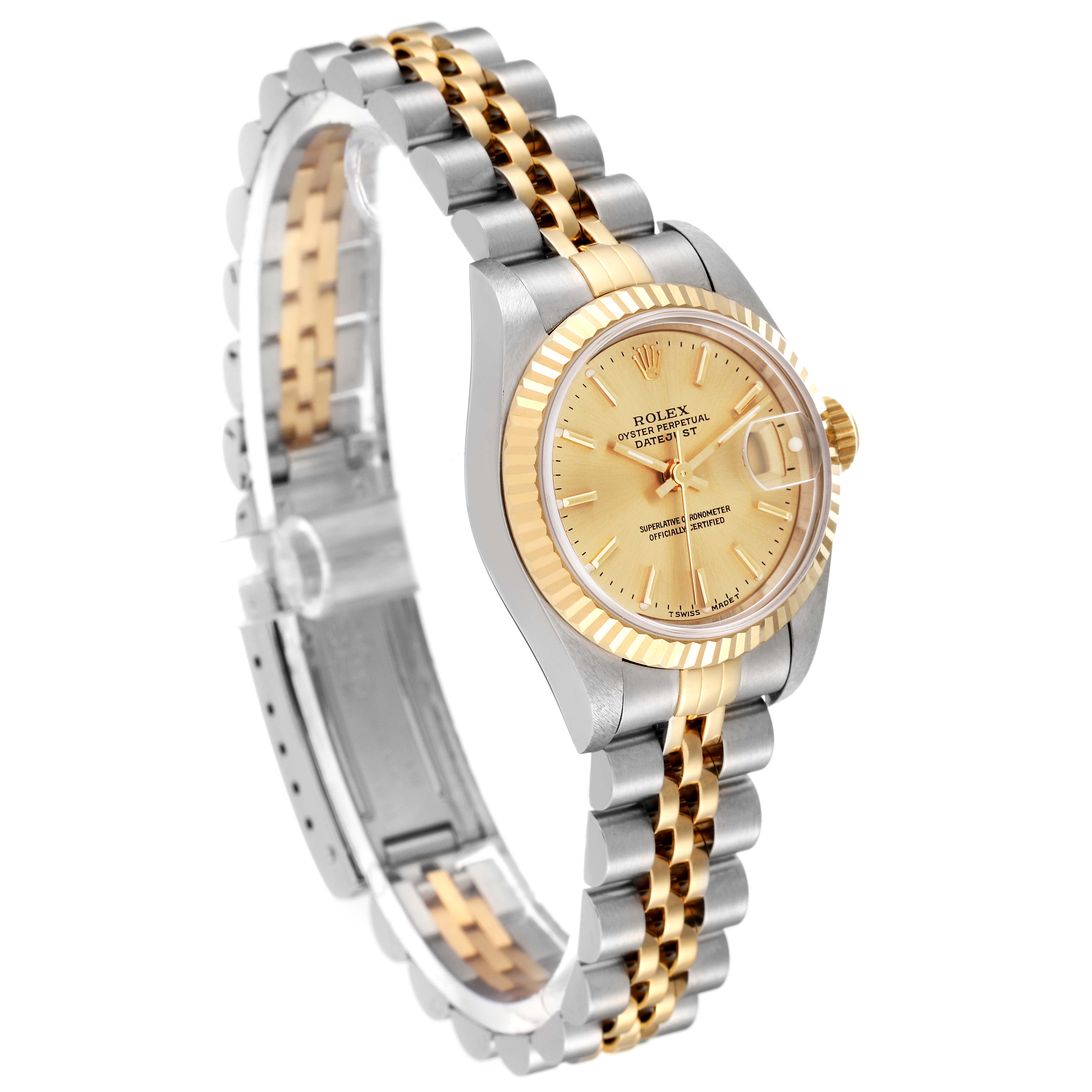 This image shows a Rolex Datejust 69173 Women's Steel and Gold (two tone) Champagne Dial 69173 Women's Steel and Gold (two tone) Champagne Dial watch at a slight angle, highlighting its gold and silver bracelet, dial, bezel, and Cyclops lens.