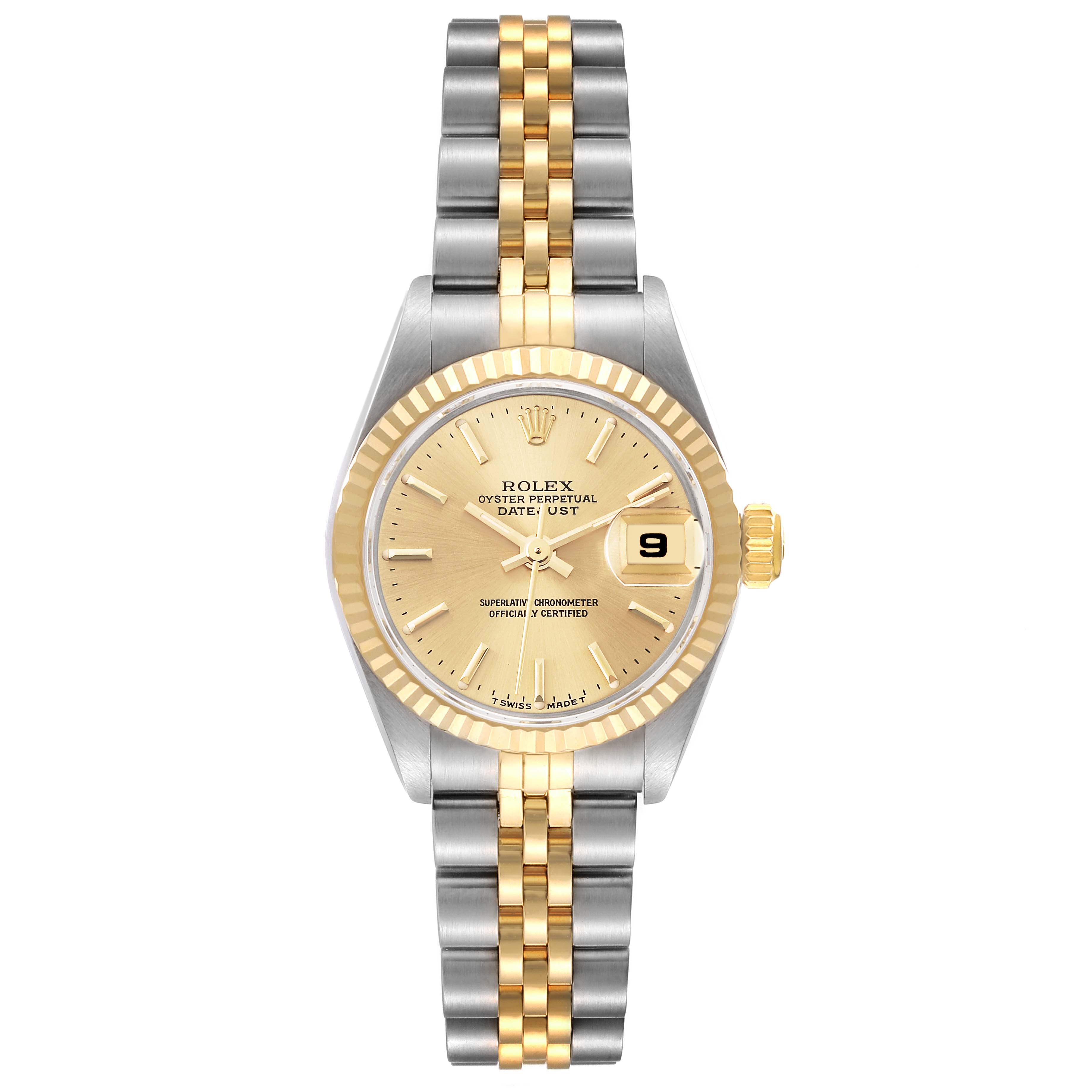 This image shows a front view of a Rolex Datejust 69173 Women's Steel and Gold (two tone) Champagne Dial 69173 Women's Steel and Gold (two tone) Champagne Dial watch, displaying the dial, fluted bezel, hands, date window, and two-tone bracelet.