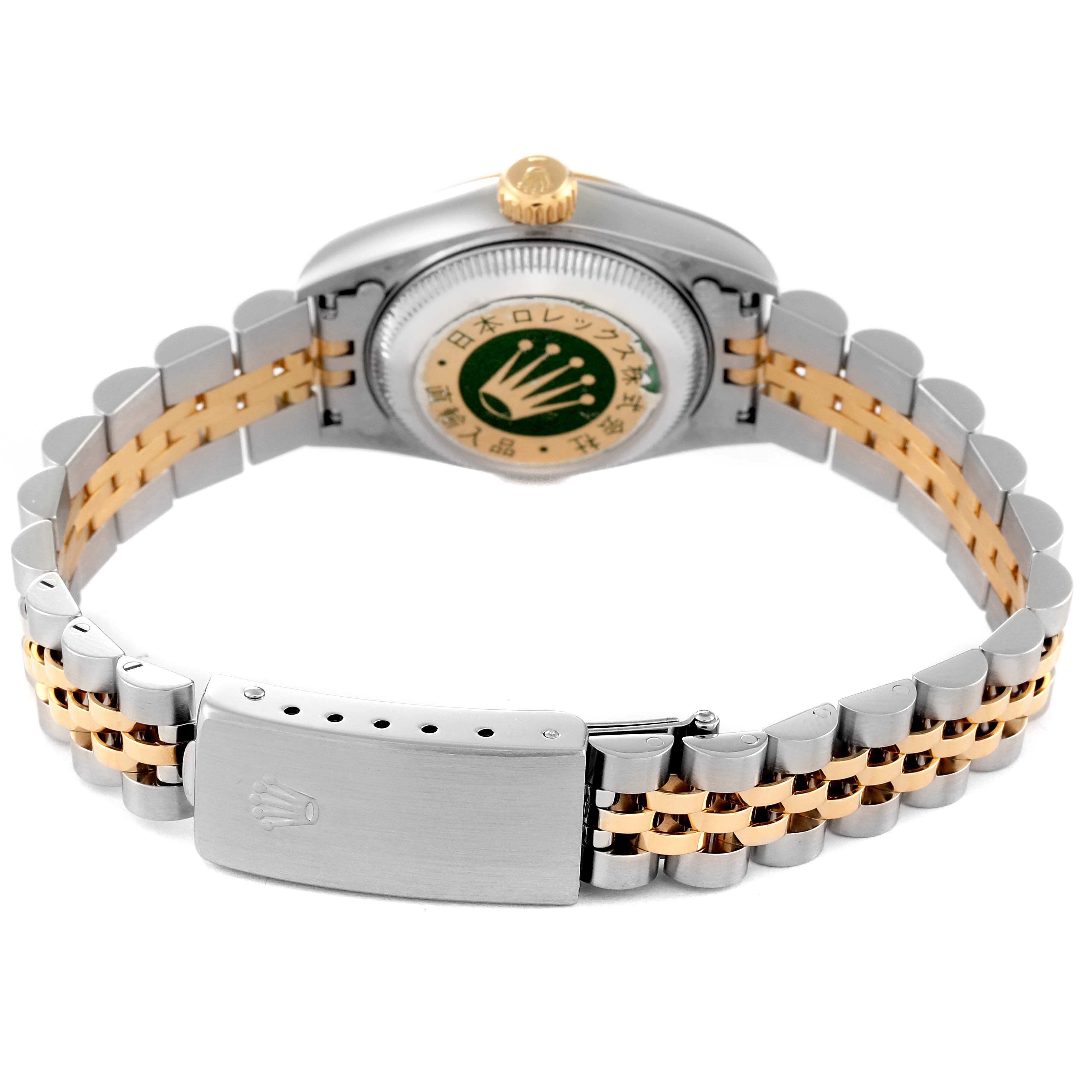 The image shows the backside of the Rolex Datejust 69173 Women's Steel and Gold (two tone) Champagne Dial 69173 Women's Steel and Gold (two tone) Champagne Dial watch, focusing on the clasp, bracelet, and case back.