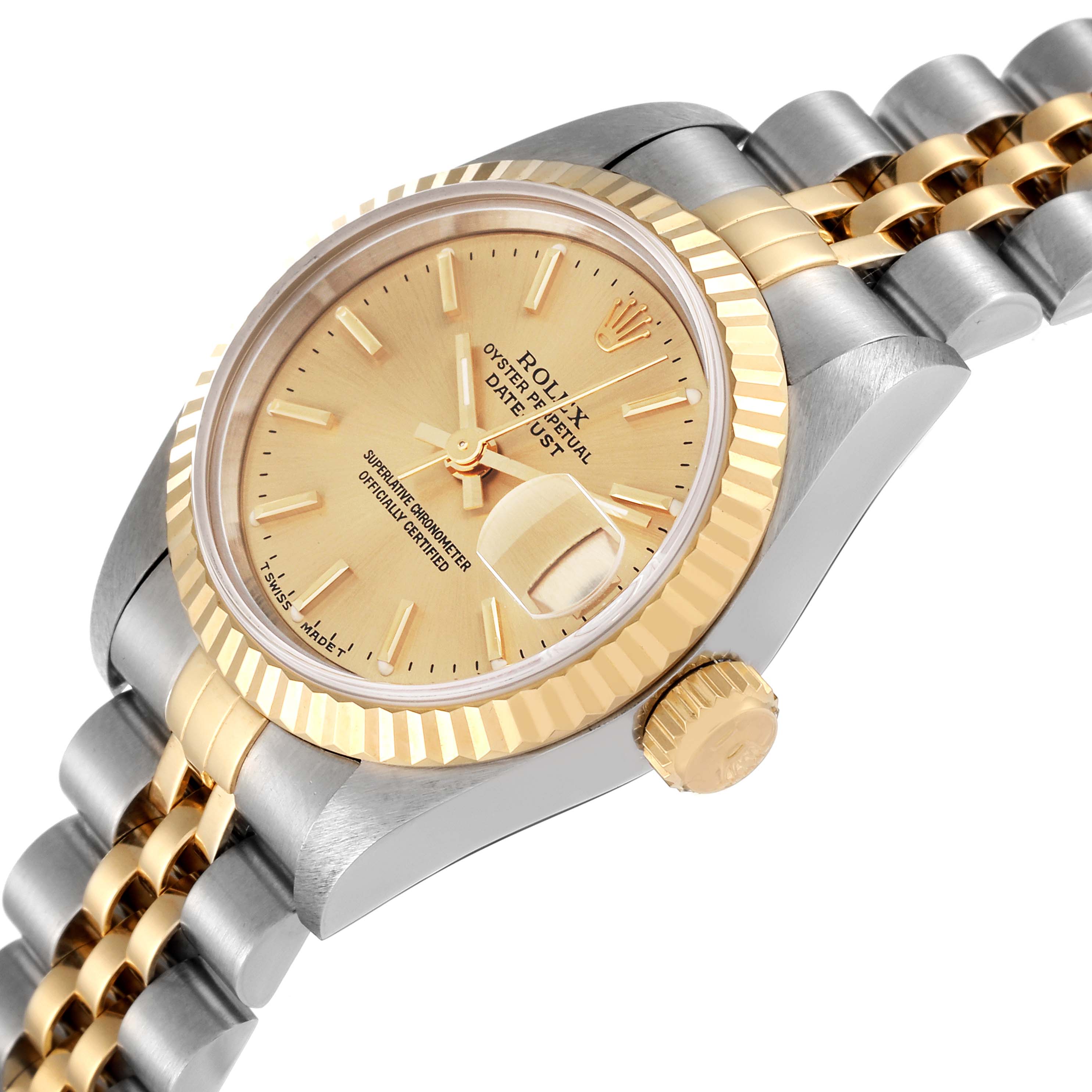 The image shows a close-up, angled view of the Rolex Datejust 69173 Women's Steel and Gold (two tone) Champagne Dial 69173 Women's Steel and Gold (two tone) Champagne Dial watch, highlighting the dial, crown, and part of the bracelet.