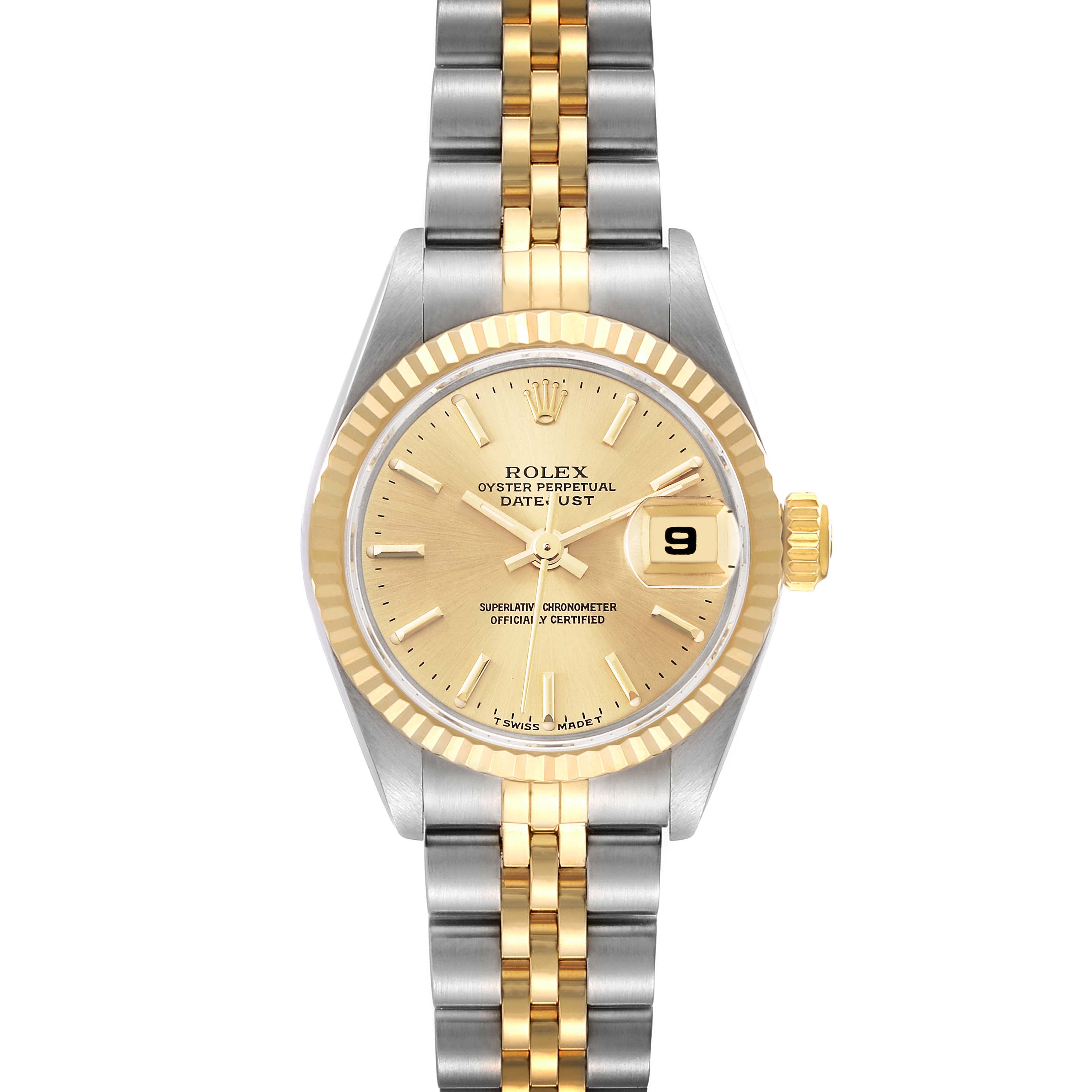 The image shows a Rolex Datejust 69173 Women's Steel and Gold (two tone) Champagne Dial 69173 Women's Steel and Gold (two tone) Champagne Dial watch from a front view, highlighting the face, bezel, and two-tone bracelet.