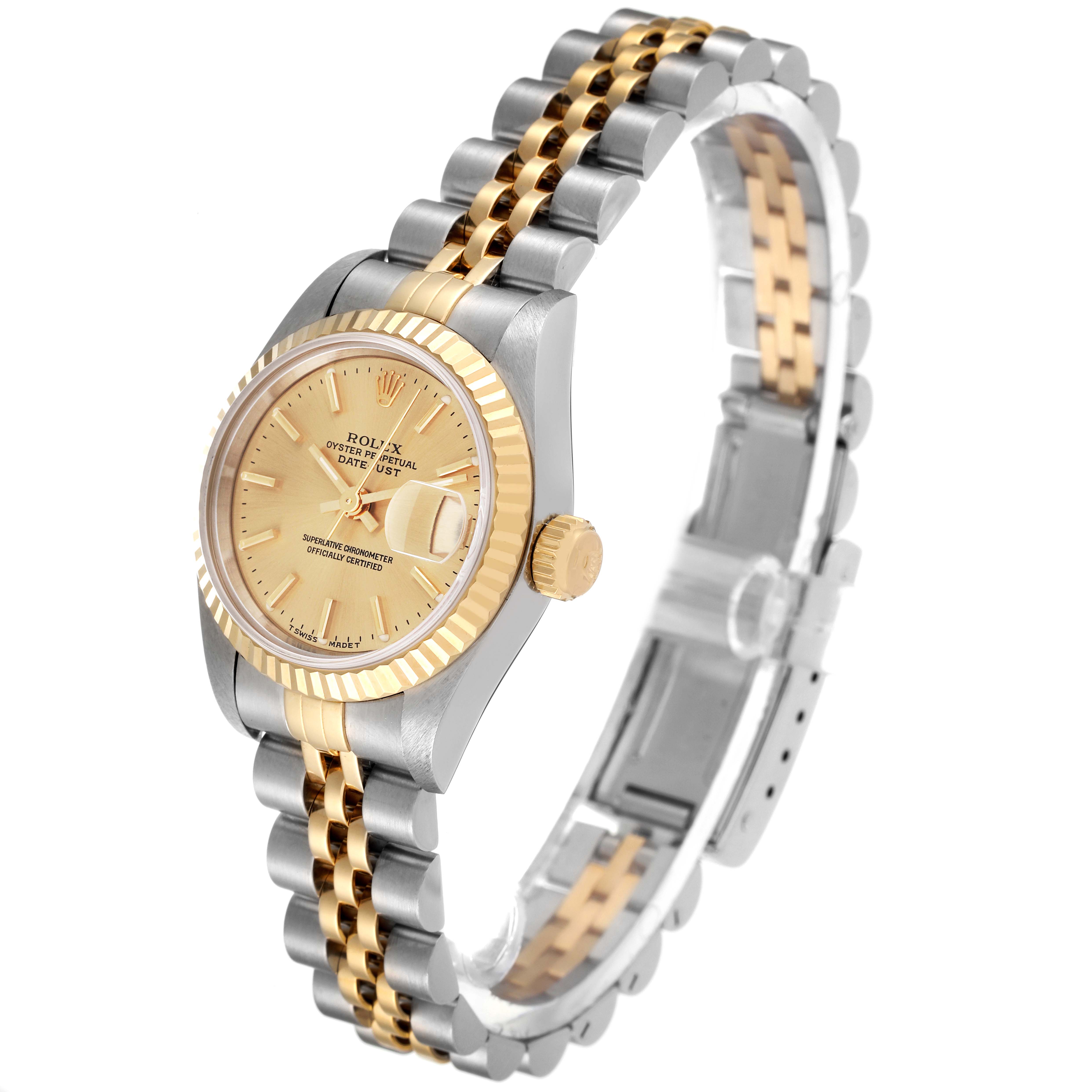 This Rolex Datejust 69173 Women's Steel and Gold (two tone) Champagne Dial 69173 Women's Steel and Gold (two tone) Champagne Dial model is shown at a three-quarter angle, highlighting its bezel, dial, crown, and bracelet.