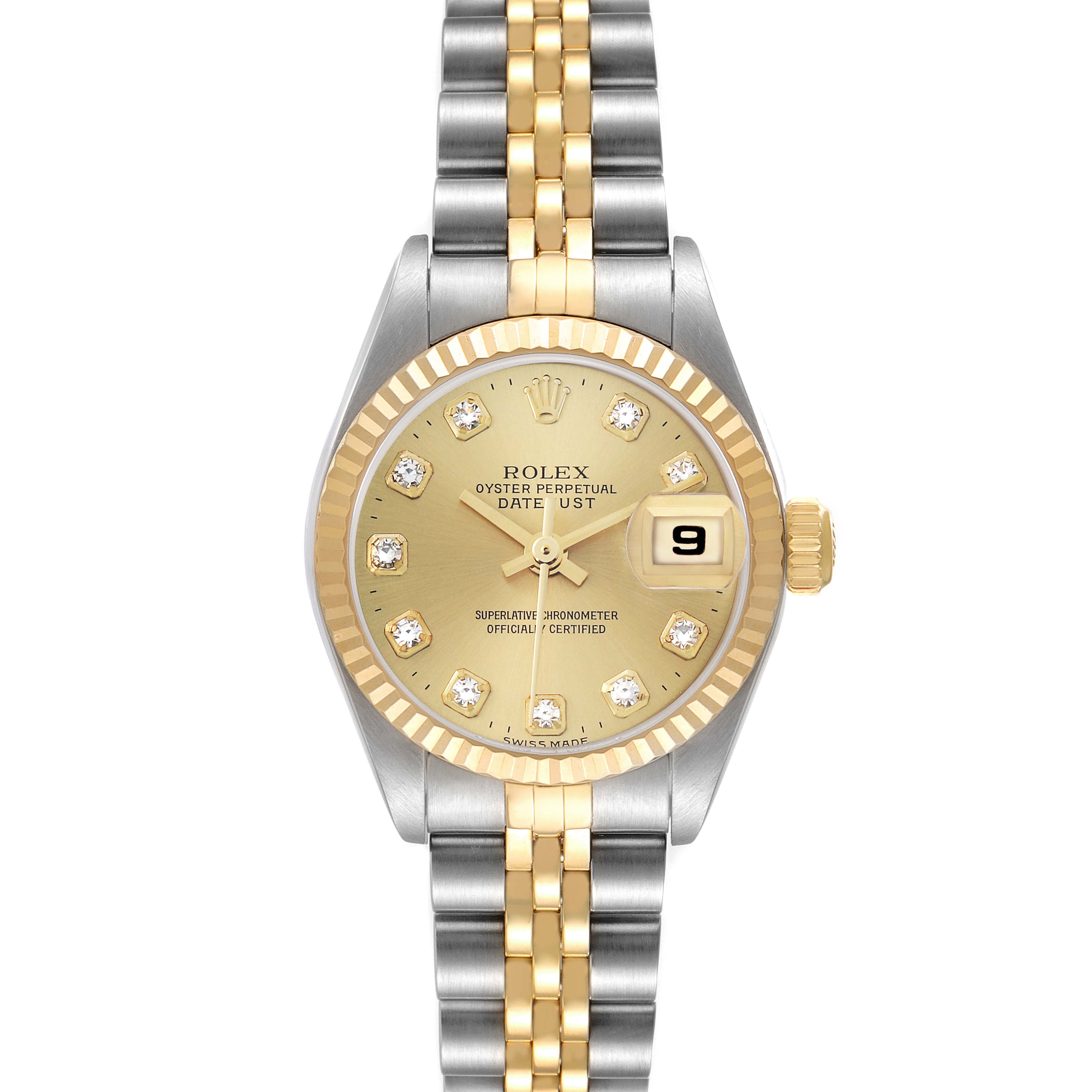 The Rolex Datejust 79173 Women's Steel and Gold (two tone) Champagne Dial watch is shown from a top view, highlighting the dial, bezel, and two-tone bracelet.