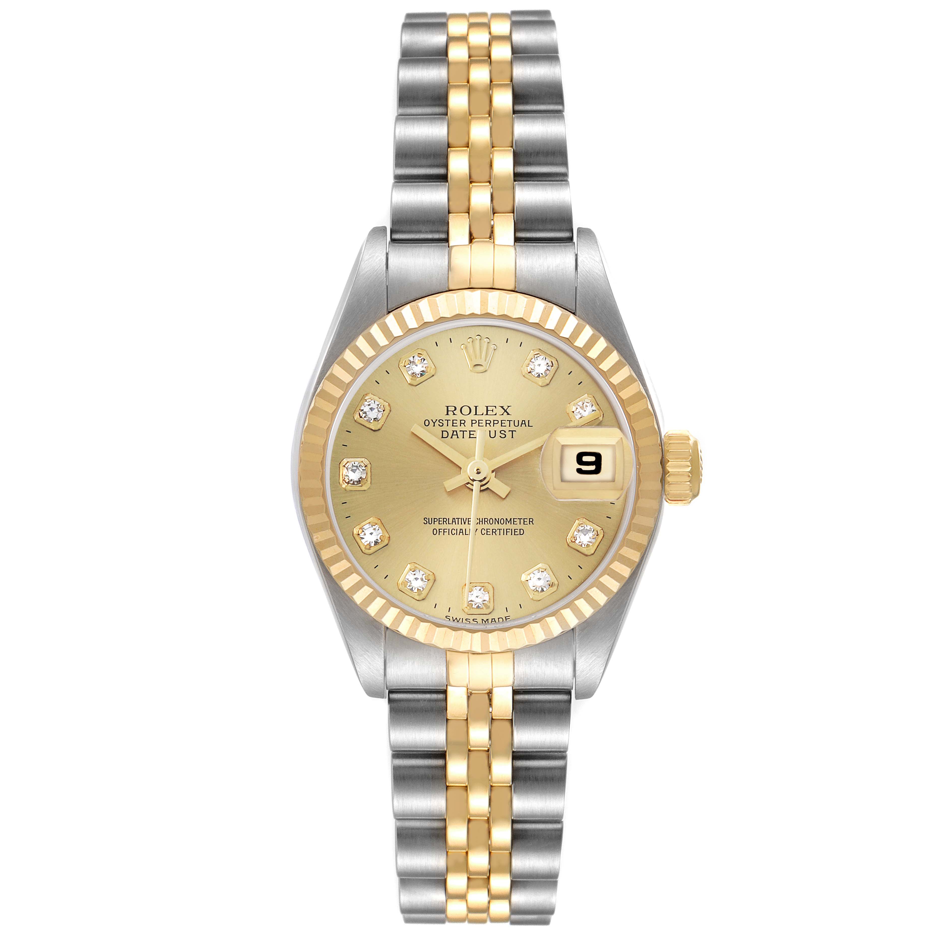 The Rolex Datejust 79173 Women's Steel and Gold (two tone) Champagne Dial watch is shown from a top-down angle, displaying the dial, bezel, and two-tone bracelet.