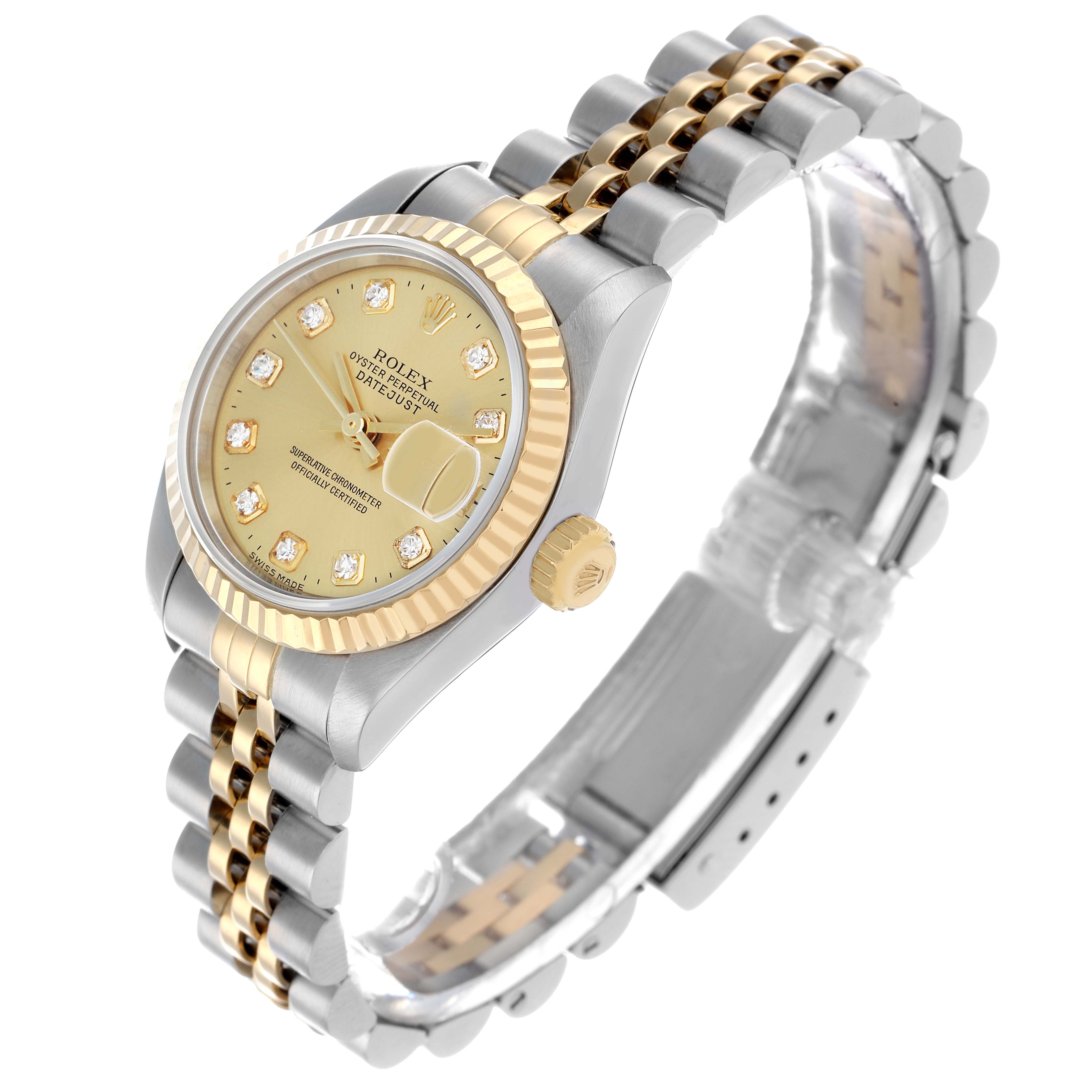 The Rolex Datejust 79173 Women's Steel and Gold (two tone) Champagne Dial watch is shown at a slight angle, highlighting the dial, fluted bezel, crown, and Jubilee bracelet.