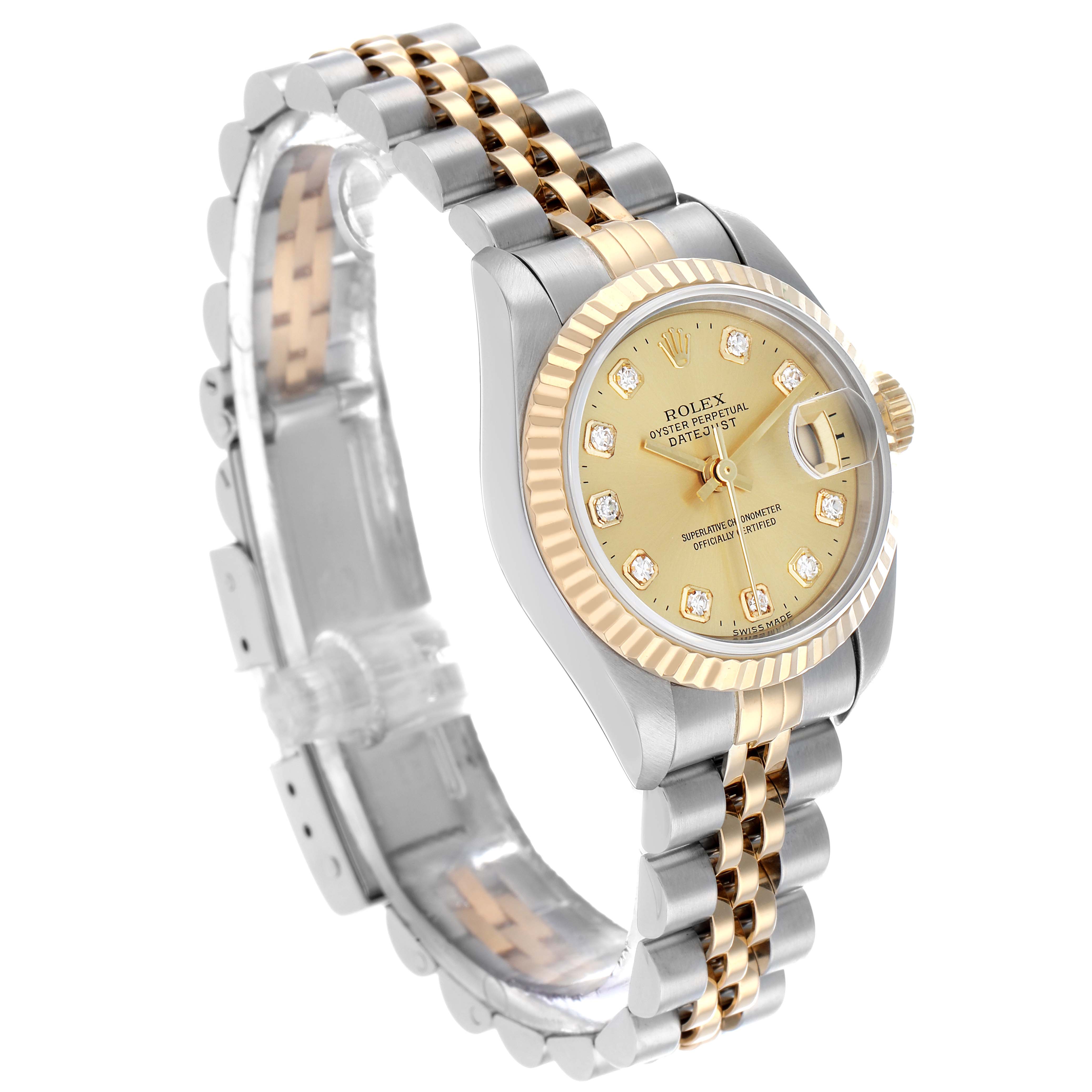 The Rolex Datejust 79173 Women's Steel and Gold (two tone) Champagne Dial watch is shown at a three-quarter angle, highlighting the bezel, dial, hands, bracelet, and crown.