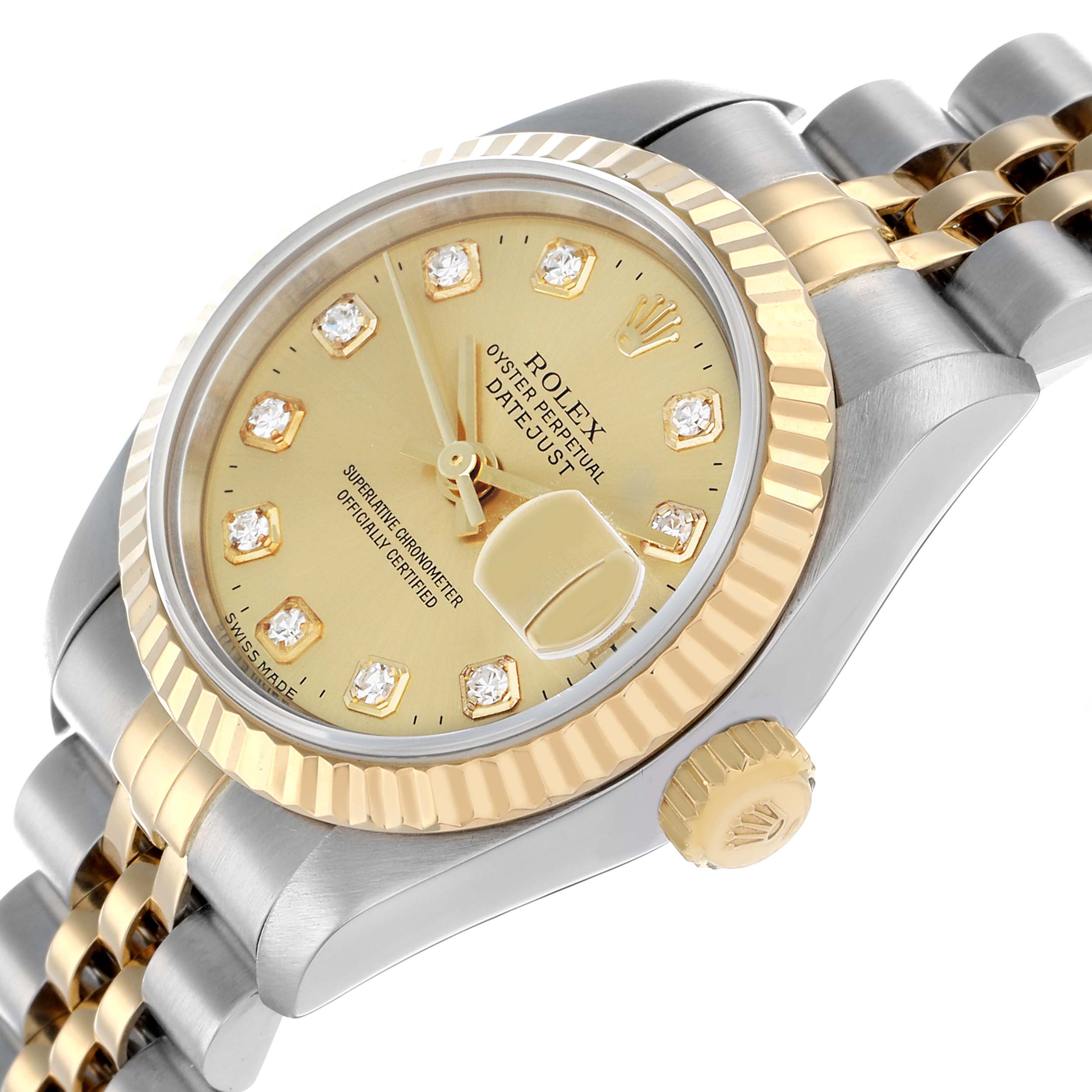 The Rolex Datejust 79173 Women's Steel and Gold (two tone) Champagne Dial watch is shown at an angled view, highlighting the gold and silver bracelet, diamond hour markers, and fluted bezel.