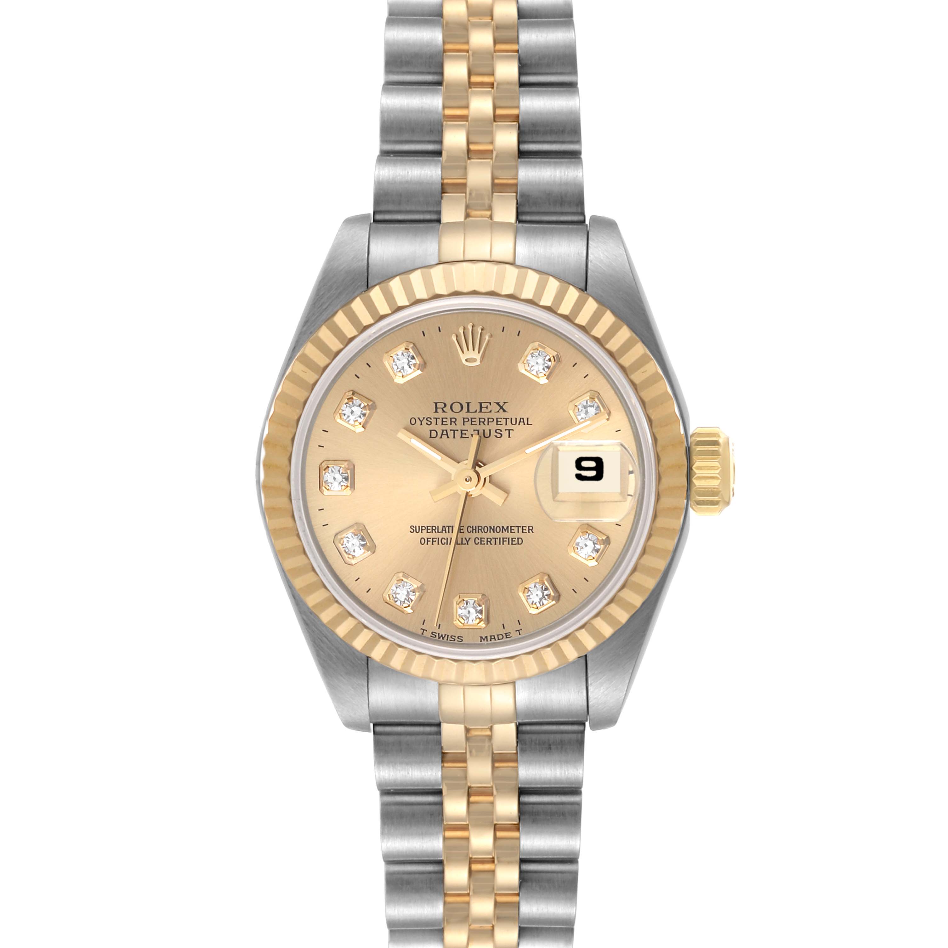 This image shows a front view of the Rolex Datejust 69173 Women's Steel and Gold (two tone) Champagne Dial 69173 Women's Steel and Gold (two tone) Champagne Dial watch featuring a two-tone bracelet, fluted bezel, and date window.
