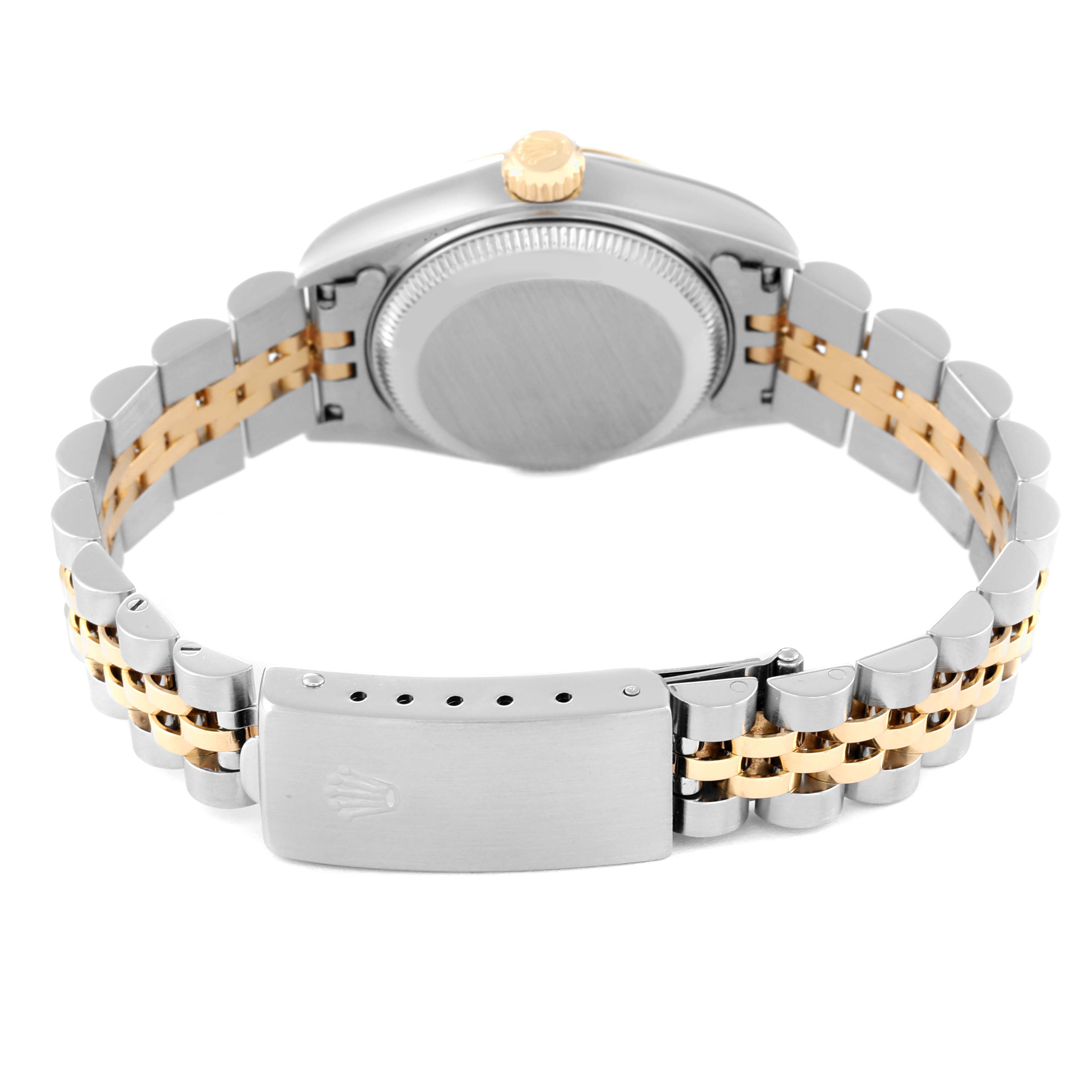 The image shows the case back, bracelet, and clasp of a Rolex Datejust 69173 Women's Steel and Gold (two tone) Champagne Dial 69173 Women's Steel and Gold (two tone) Champagne Dial model watch from a rear angle.