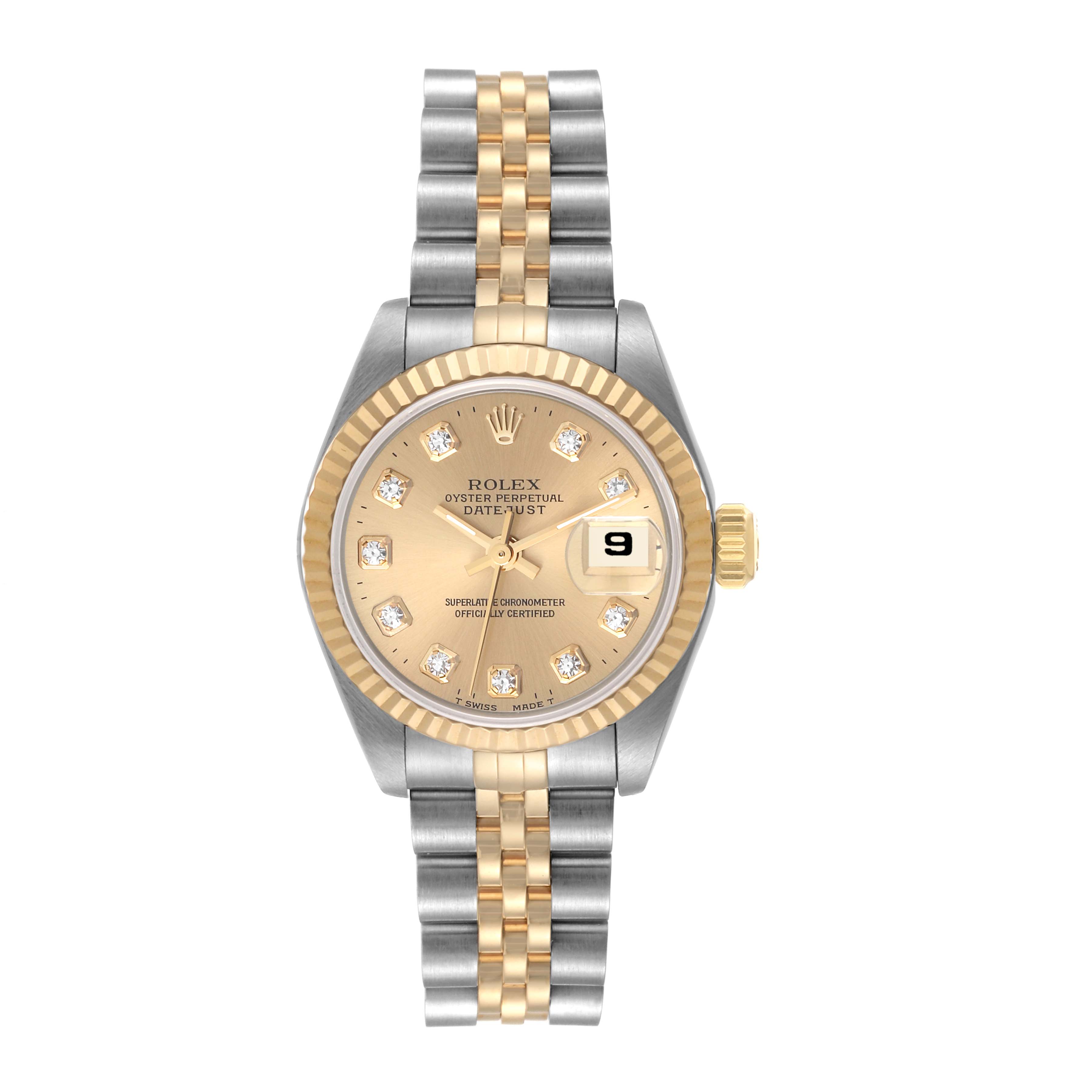 This Rolex Datejust 69173 Women's Steel and Gold (two tone) Champagne Dial 69173 Women's Steel and Gold (two tone) Champagne Dial model is shown from a top-down angle, displaying the dial, bezel, and bracelet.