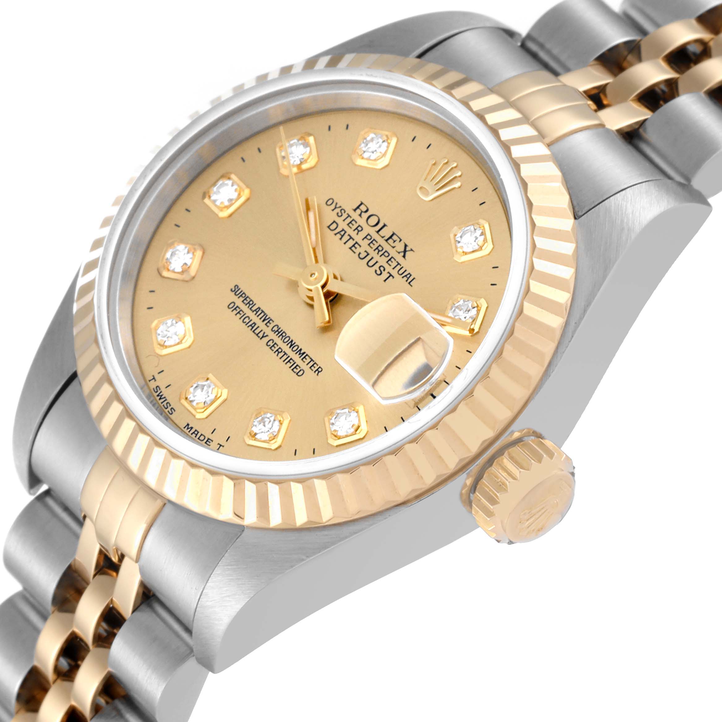 The image shows a side angle of the Rolex Datejust 69173 Women's Steel and Gold (two tone) Champagne Dial 69173 Women's Steel and Gold (two tone) Champagne Dial model, highlighting its dial, crown, and two-tone bracelet.