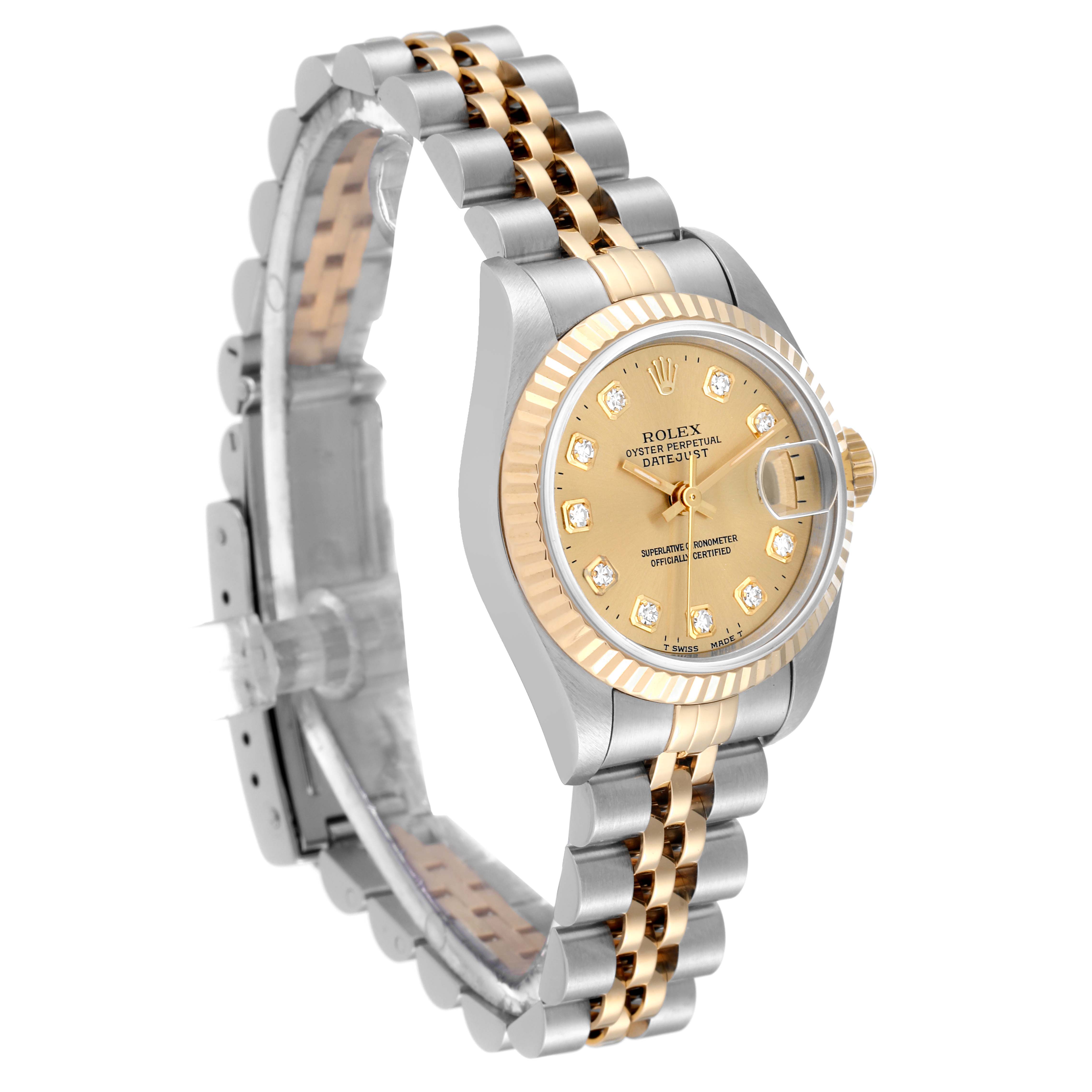 The Rolex Datejust 69173 Women's Steel and Gold (two tone) Champagne Dial 69173 Women's Steel and Gold (two tone) Champagne Dial watch is shown from an angled side view, displaying the dial, bezel, crown, and part of the bracelet.