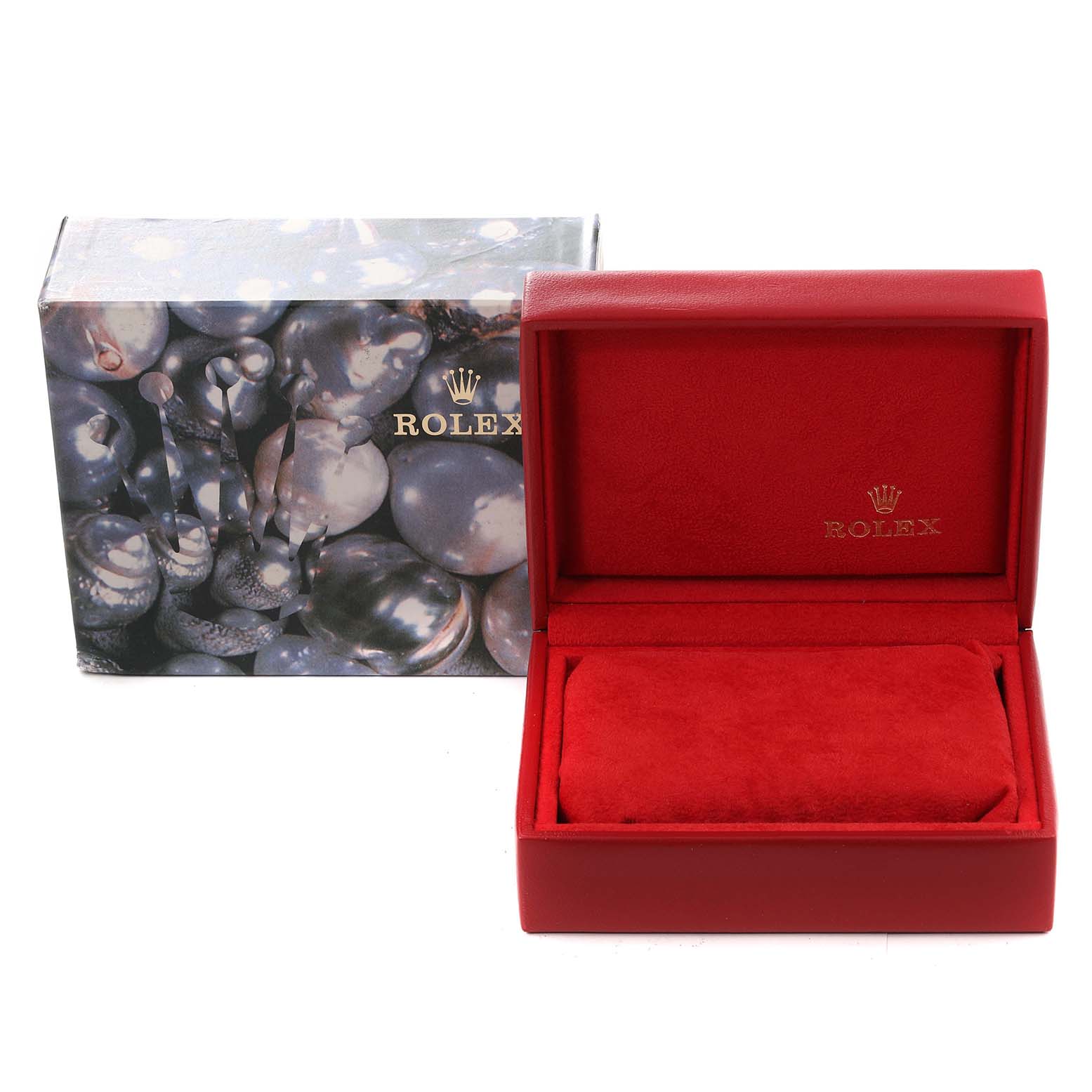 The image shows an open red Rolex Datejust 69173 Women's Steel and Gold (two tone) Champagne Dial 69173 Women's Steel and Gold (two tone) Champagne Dial watch box next to its outer packaging.