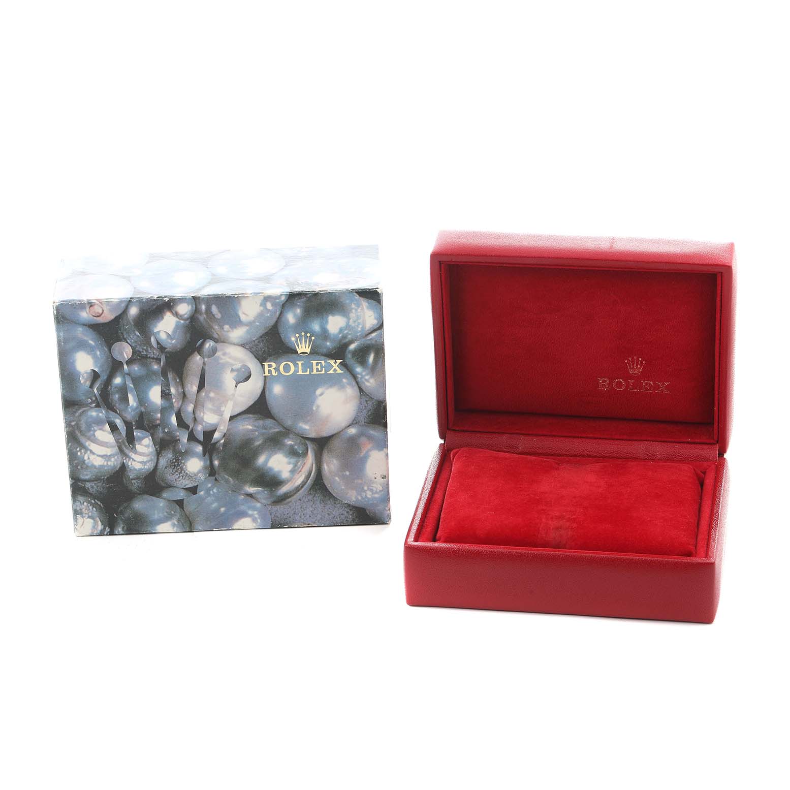 The image shows the packaging for a Rolex Datejust 69173 Women's Steel and Gold (two tone) Champagne Dial, including a decorative outer box and an open red inner box.