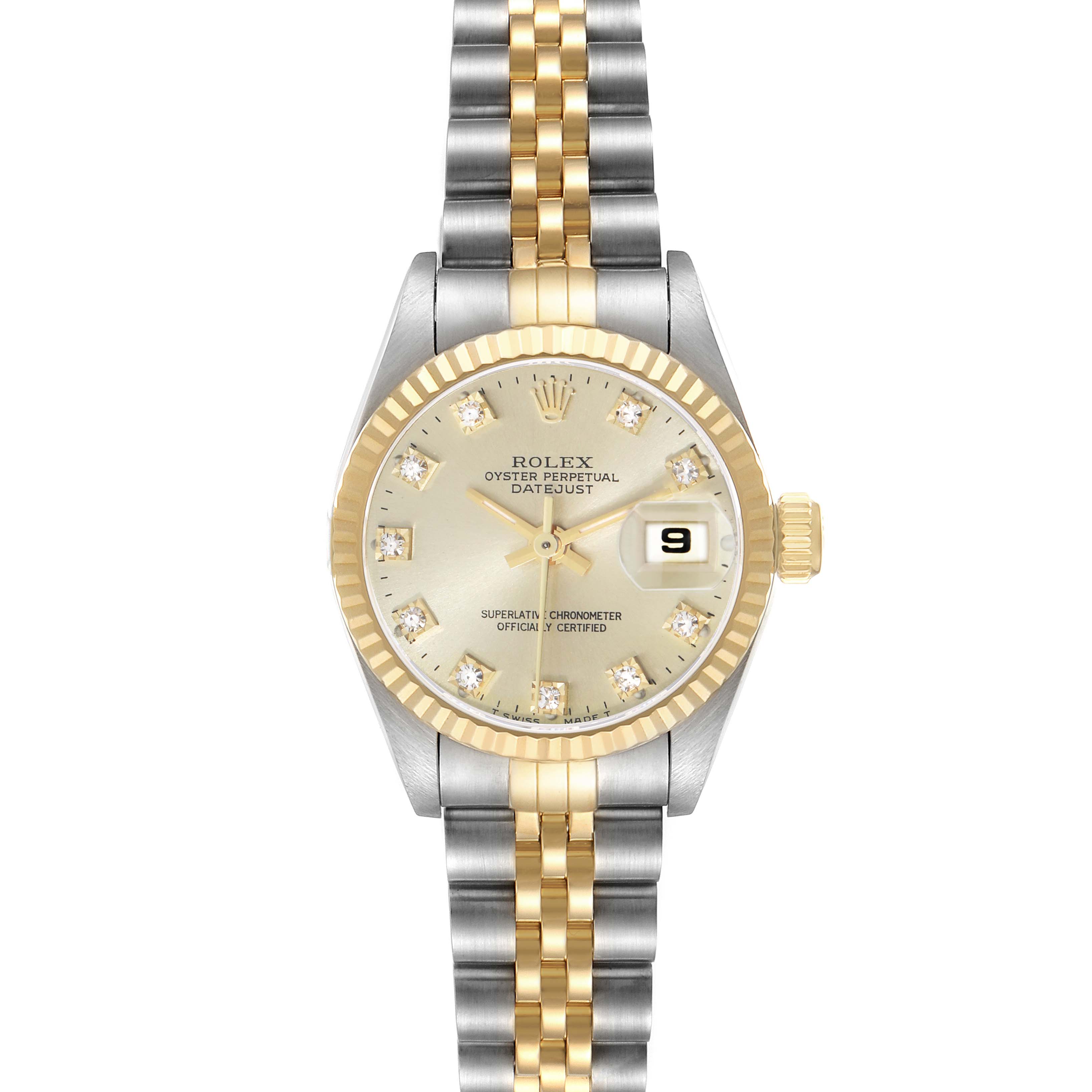 The Rolex Datejust 69173 Women's Steel and Gold (two tone) Champagne Dial watch is shown from a front angle, highlighting its dial, bezel, and two-tone bracelet.