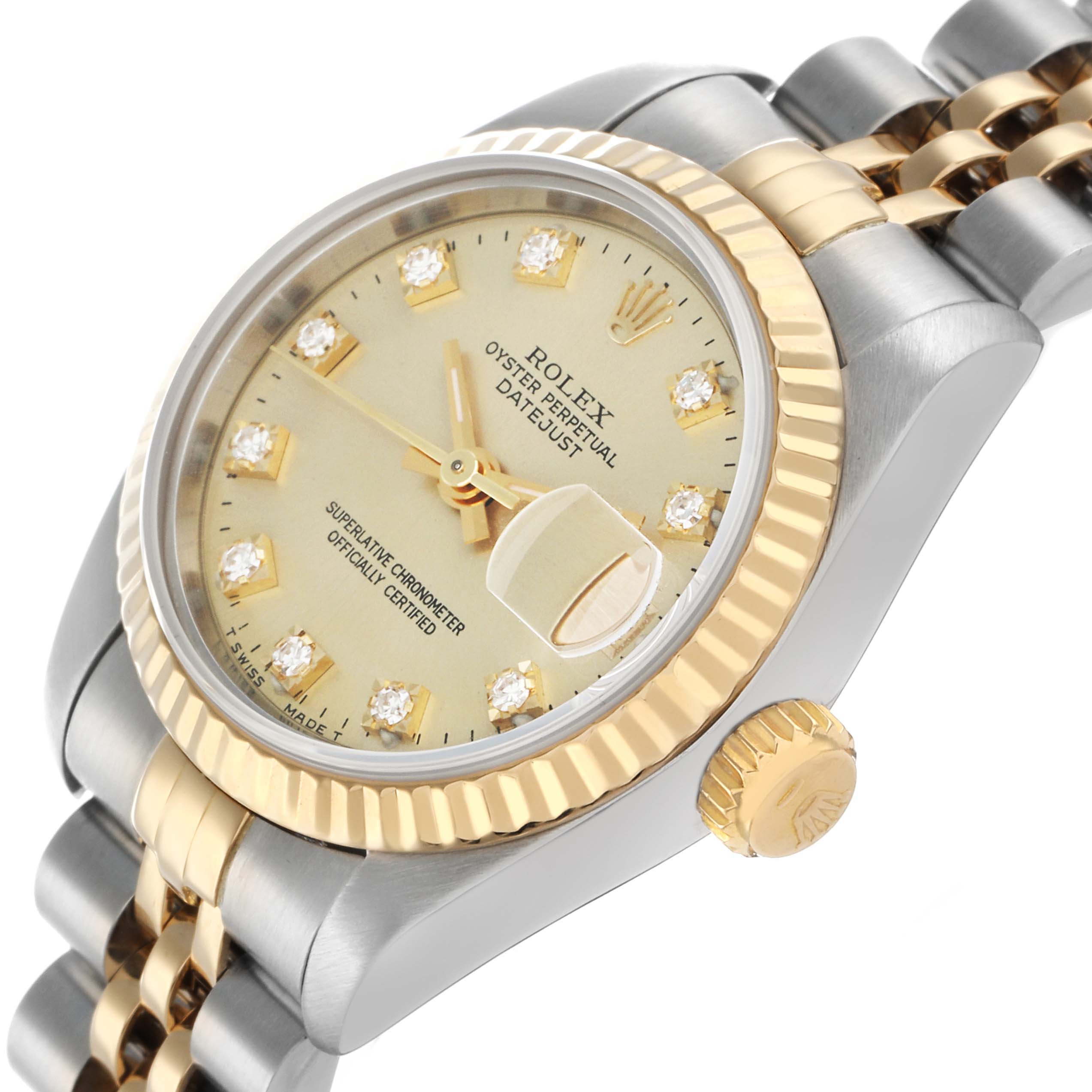 The Rolex Datejust 69173 Women's Steel and Gold (two tone) Champagne Dial watch is shown from a front angle, highlighting the dial, fluted bezel, crown, and part of the bracelet.
