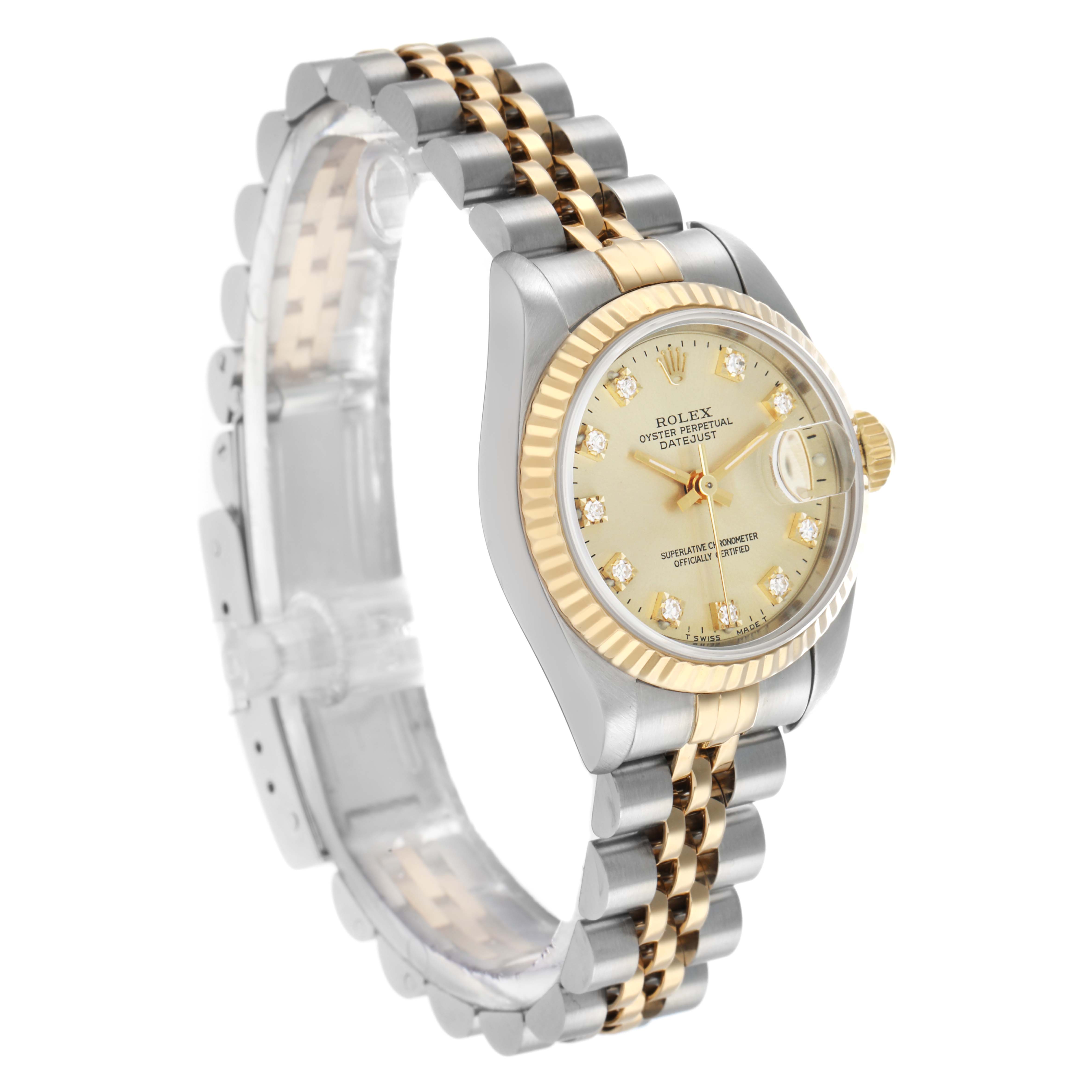 The Rolex Datejust 69173 Women's Steel and Gold (two tone) Champagne Dial watch is shown at a three-quarter angle, highlighting the dial, bezel, and two-tone bracelet.