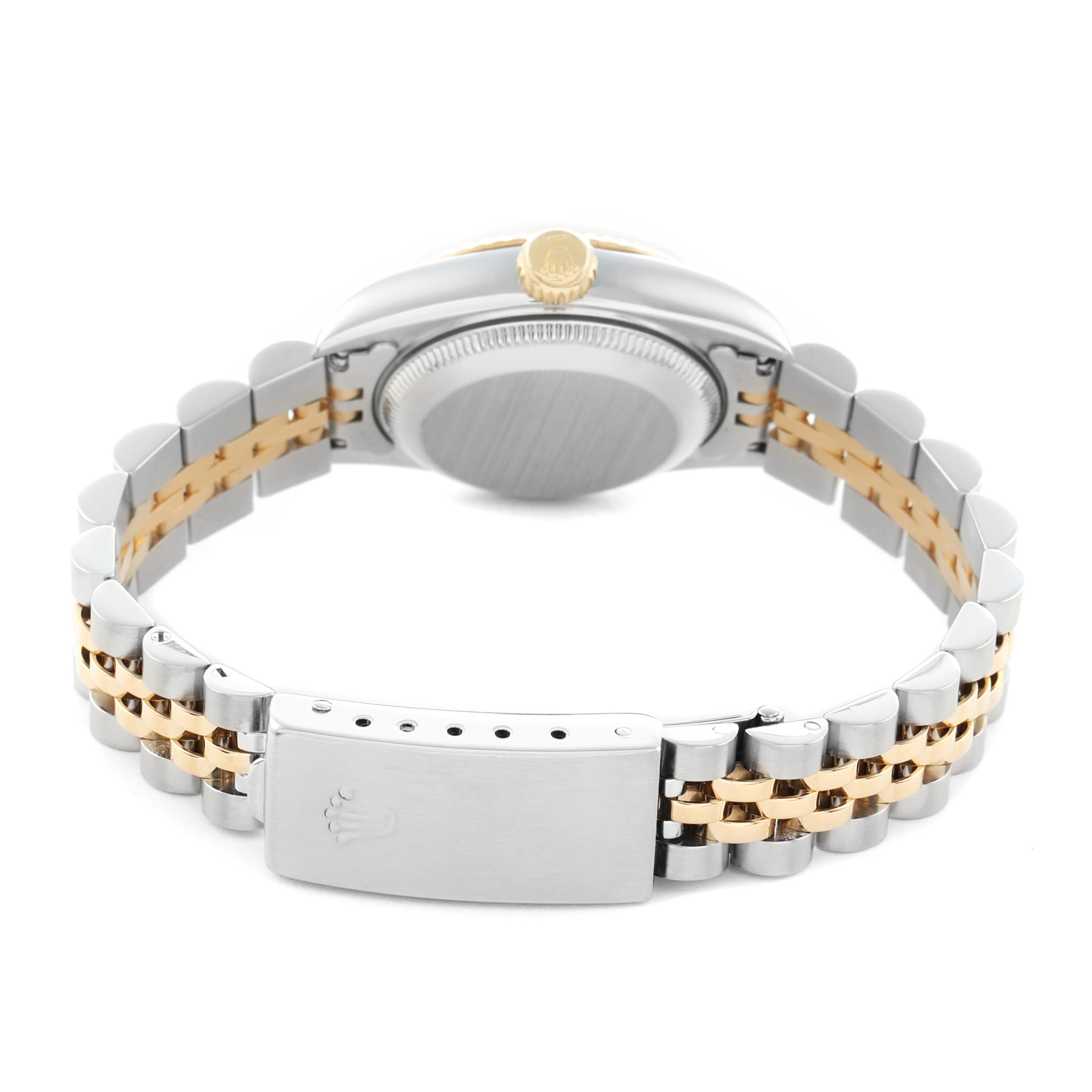 The image shows the back view of a Rolex Datejust 69173 Women's Steel and Gold (two tone) Champagne Dial watch, highlighting the clasp, case back, and two-tone bracelet.