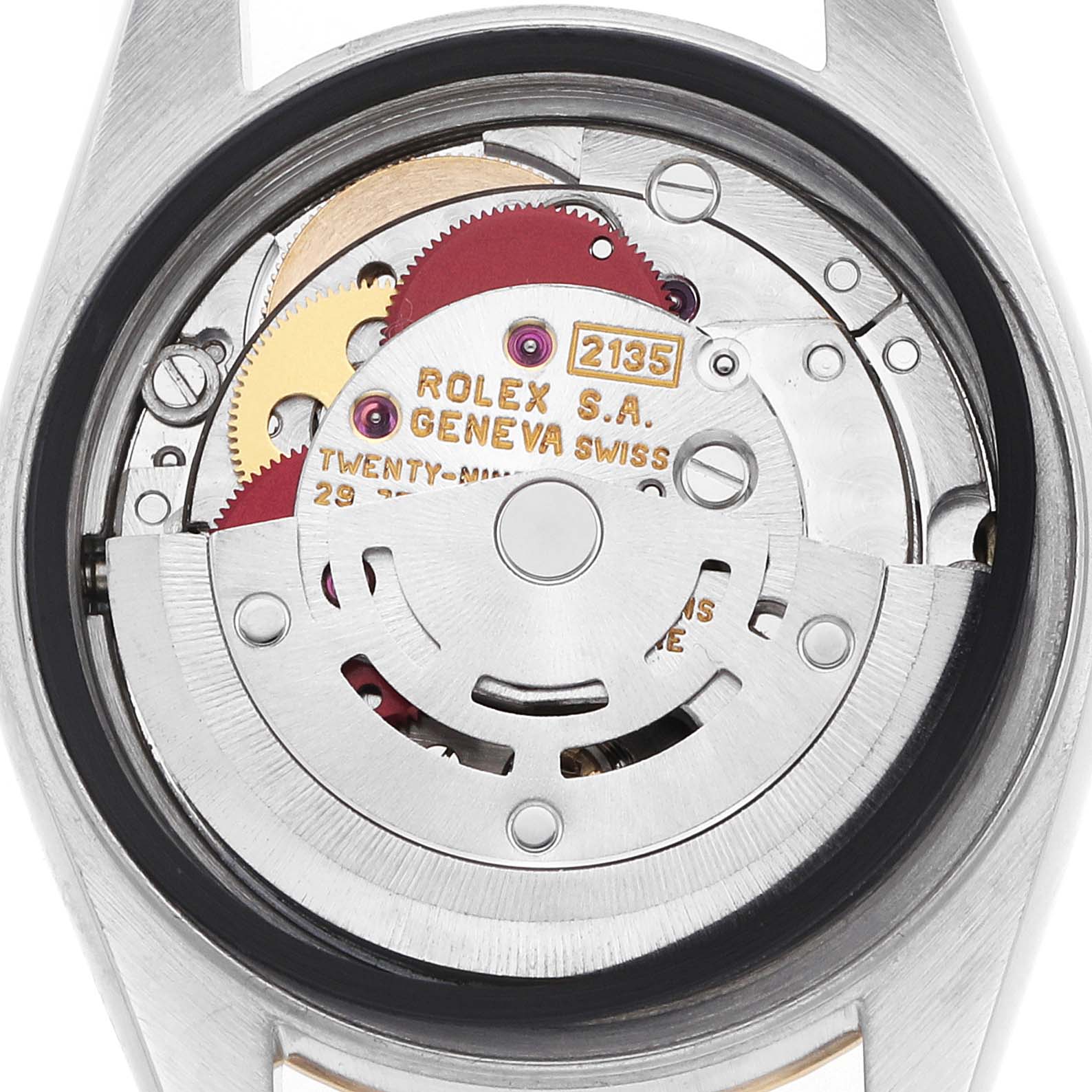 The image shows the movement of a Rolex Datejust 69173 Women's Steel and Gold (two tone) Champagne Dial watch from the back, highlighting the gears and rotor.