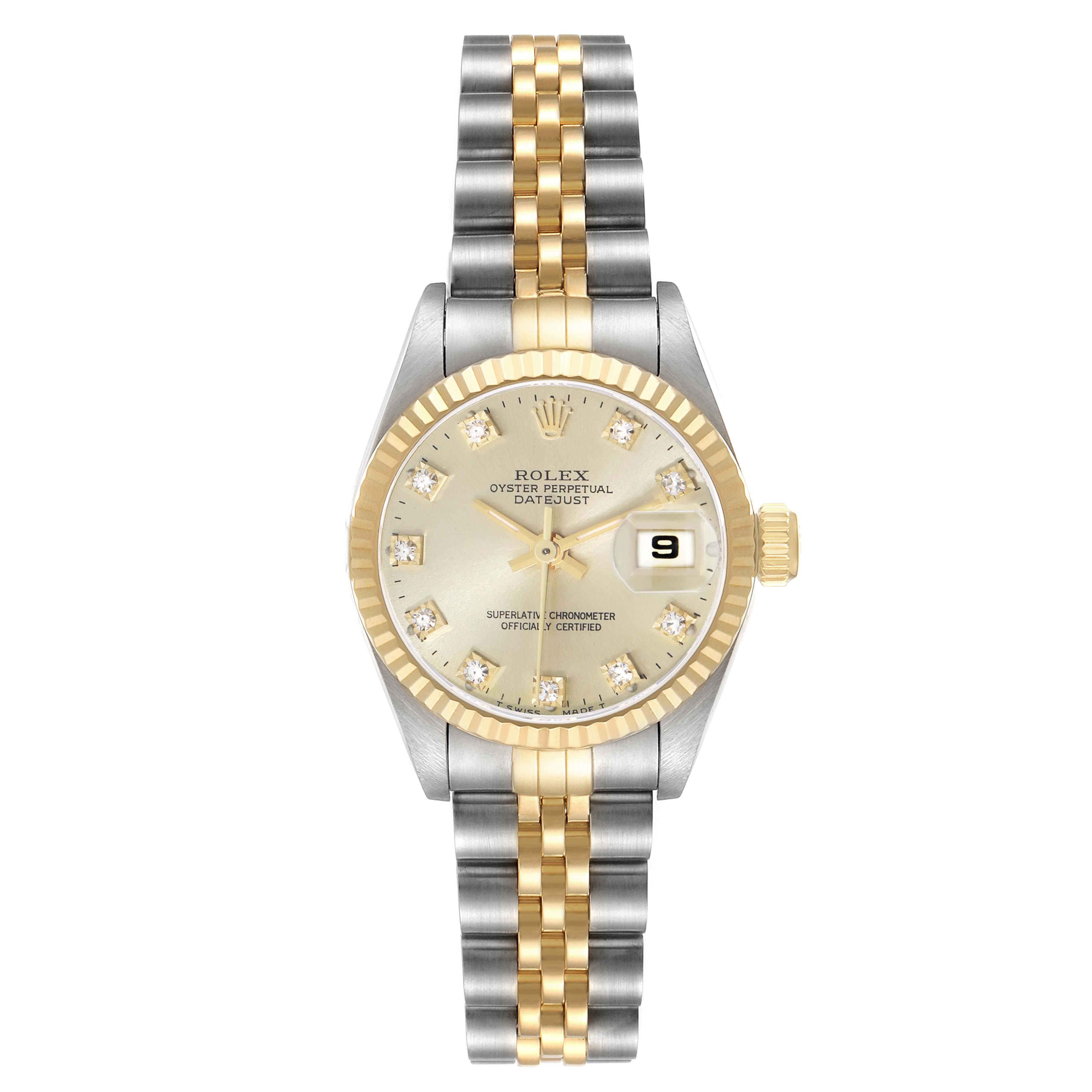 The Rolex Datejust 69173 Women's Steel and Gold (two tone) Champagne Dial is shown from a top-down angle, highlighting its two-tone bracelet and diamond dial.